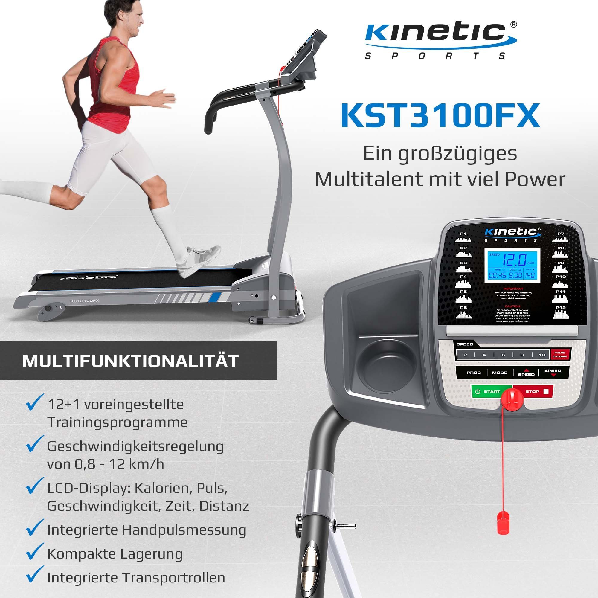 Kinetic Sports Laufband KST3100FX, klappbar mit LCD Display, 1100 W Motor, 1- 12 km/h