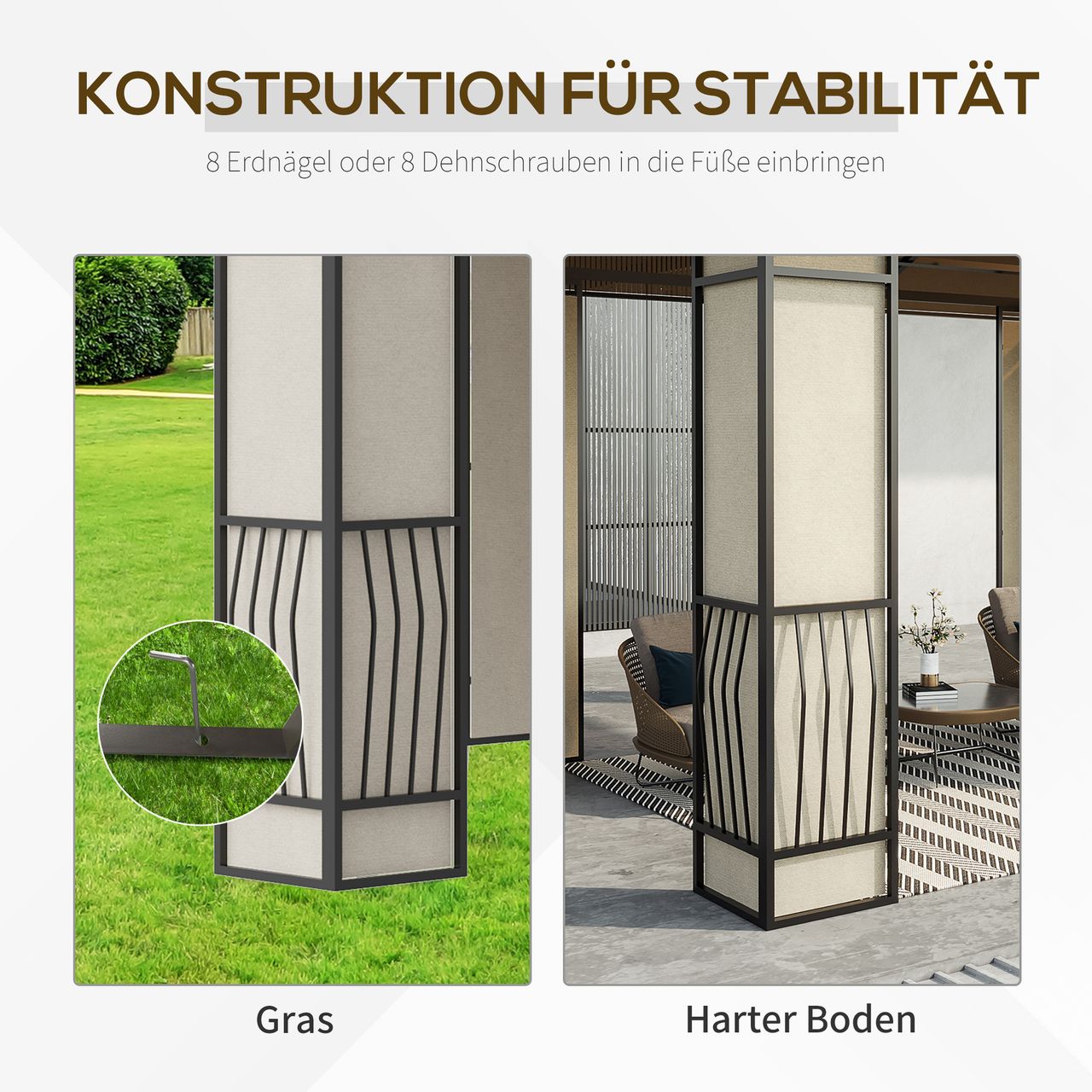 Outsunny Gartenpavillon Pavillon mit Sonnendach aus Polycarbonatplatten UV-Schutz wasserabweisend Robust Braun Hellgrau 3,65 x 3 x 2,75 m