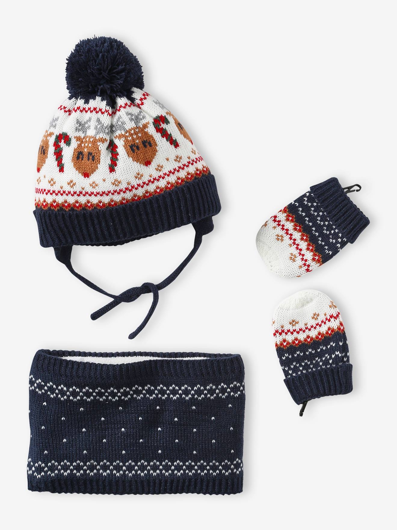 Vertbaudet Jungen Baby Weihnachts-Geschenkset: Mütze, Fäustlinge & Rundschal - marine