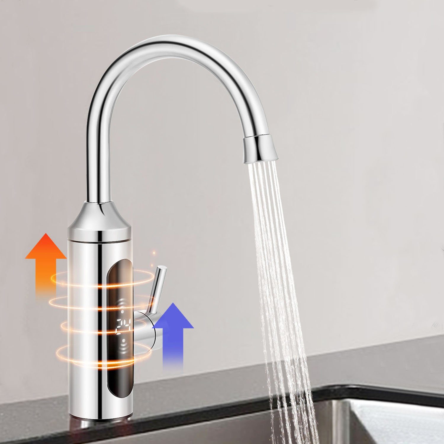 LETGOSPT Klein-Durchlauferhitzer 3000W Elektrisch Wasserhahn LED Temperaturanzeige 360° Drehbar Armatur