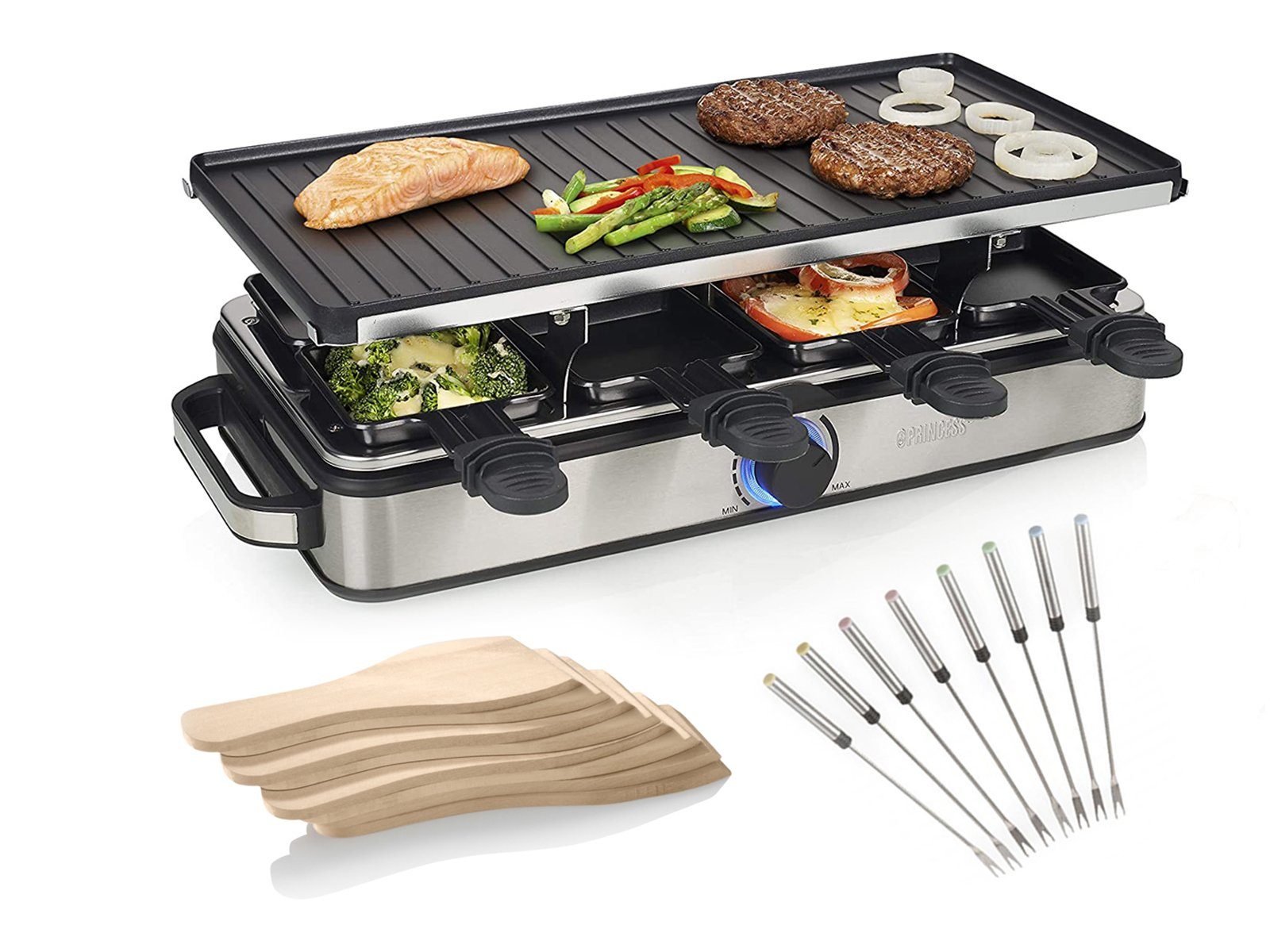 Setpoint Raclette, Großer XL Tischgrill eckig für 2-8 Personen, Raclet Gerät mit 8 Gabeln
