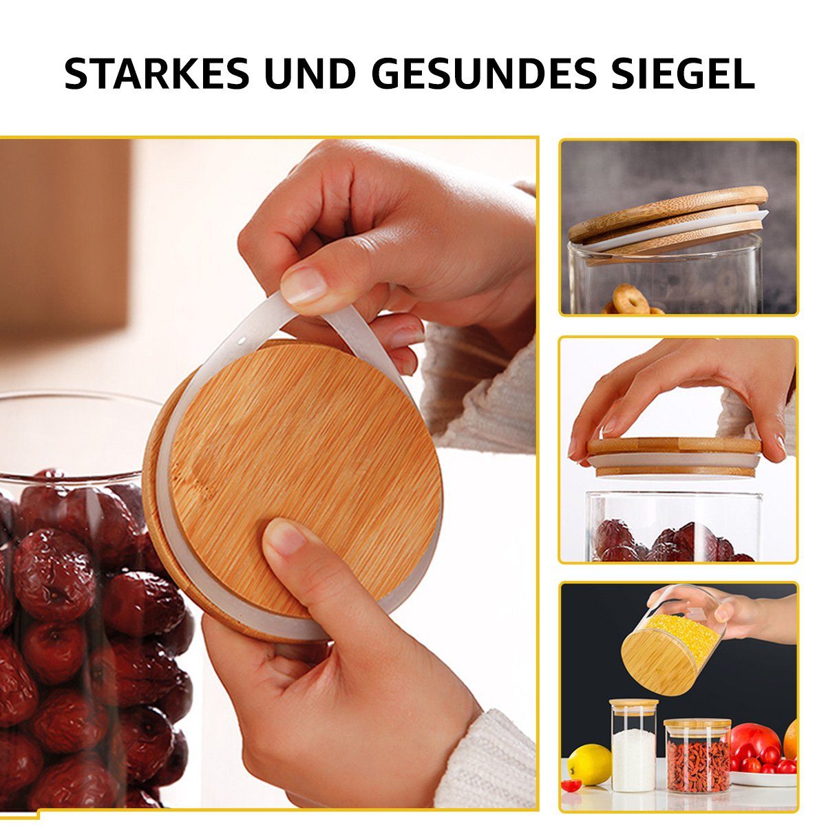 7Magic Vorratsdose Vorratsglas Set, (2000ml+550ml+550ml+1000ml+1000ml, 5-tlg), mit Bambus Deckel