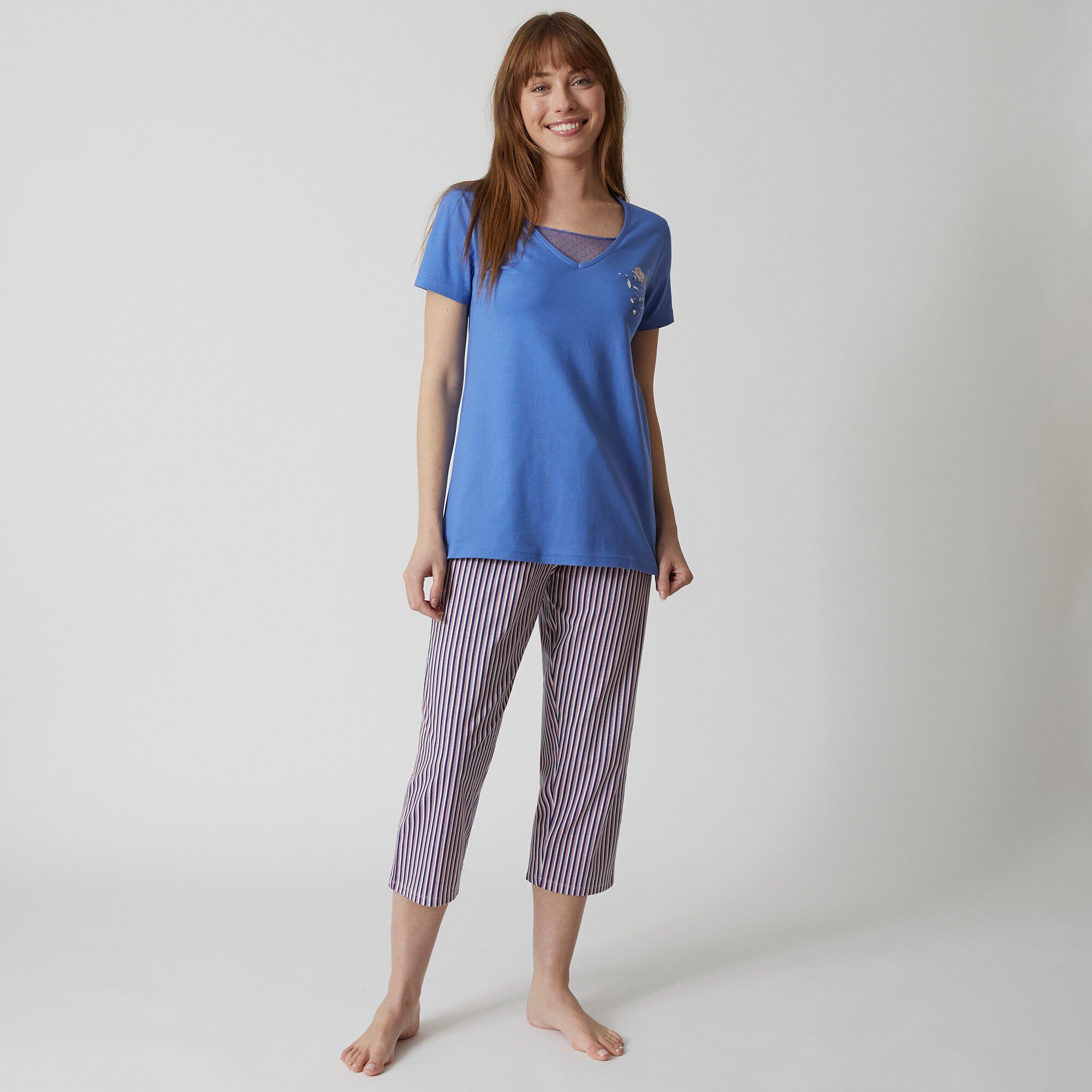 Pantacourt pyjama coton imprimé rayures