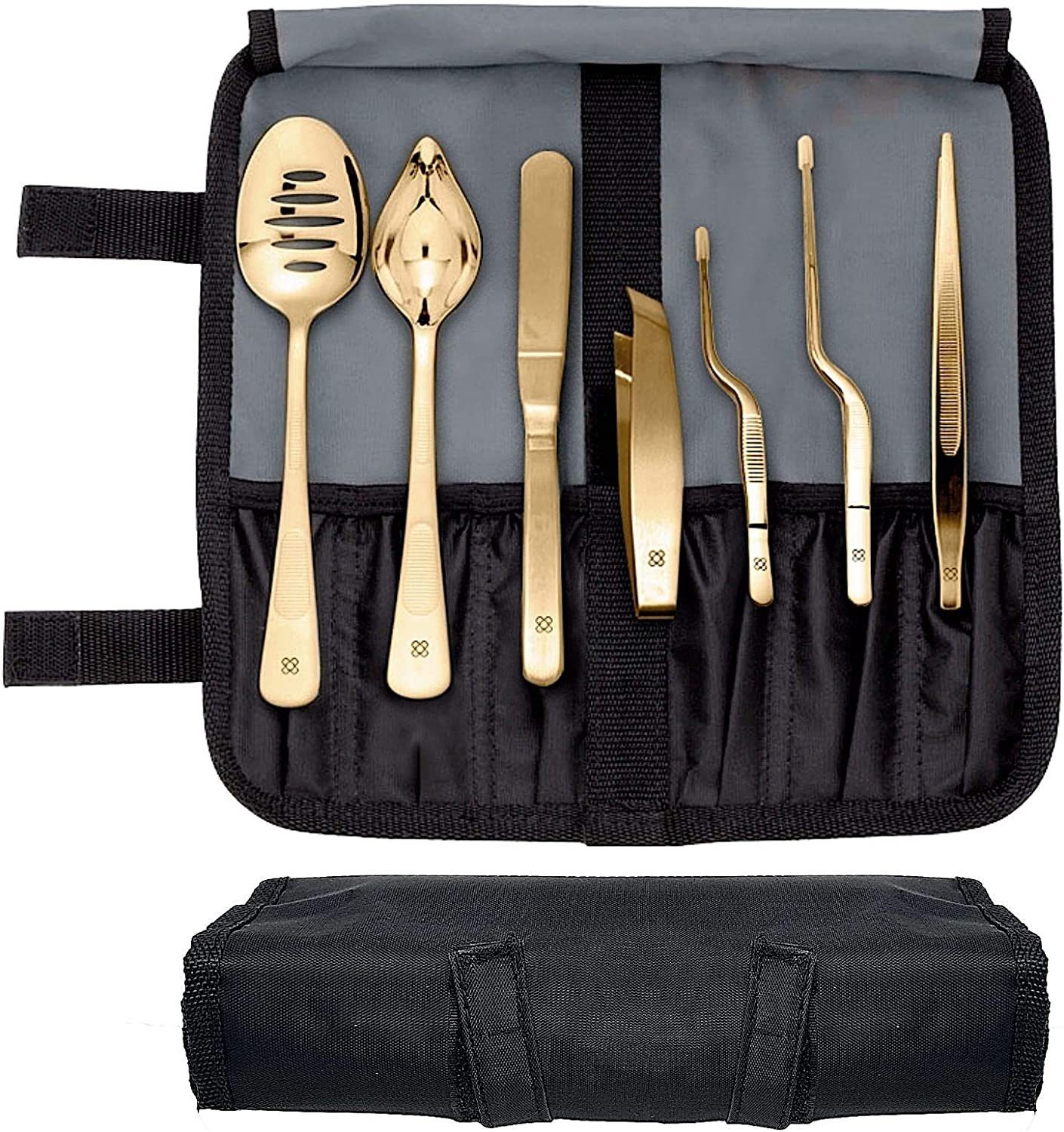 UE Stock Kochbesteck-Set Barcelona Küchen Chef Kochutensilien 7-teilig (Edelstahl Plating Kit Kuechen-Werkzeug Koch Set - Deko Garnieren Gadgets - PERFORIERTLÖFFEL - DEKOLÖFFEL - SPREIZSPACHTEL - FISCHKNOCHENENTFERNER-ZANGE - PRÄZISE PINZETTEN, 7-tlg