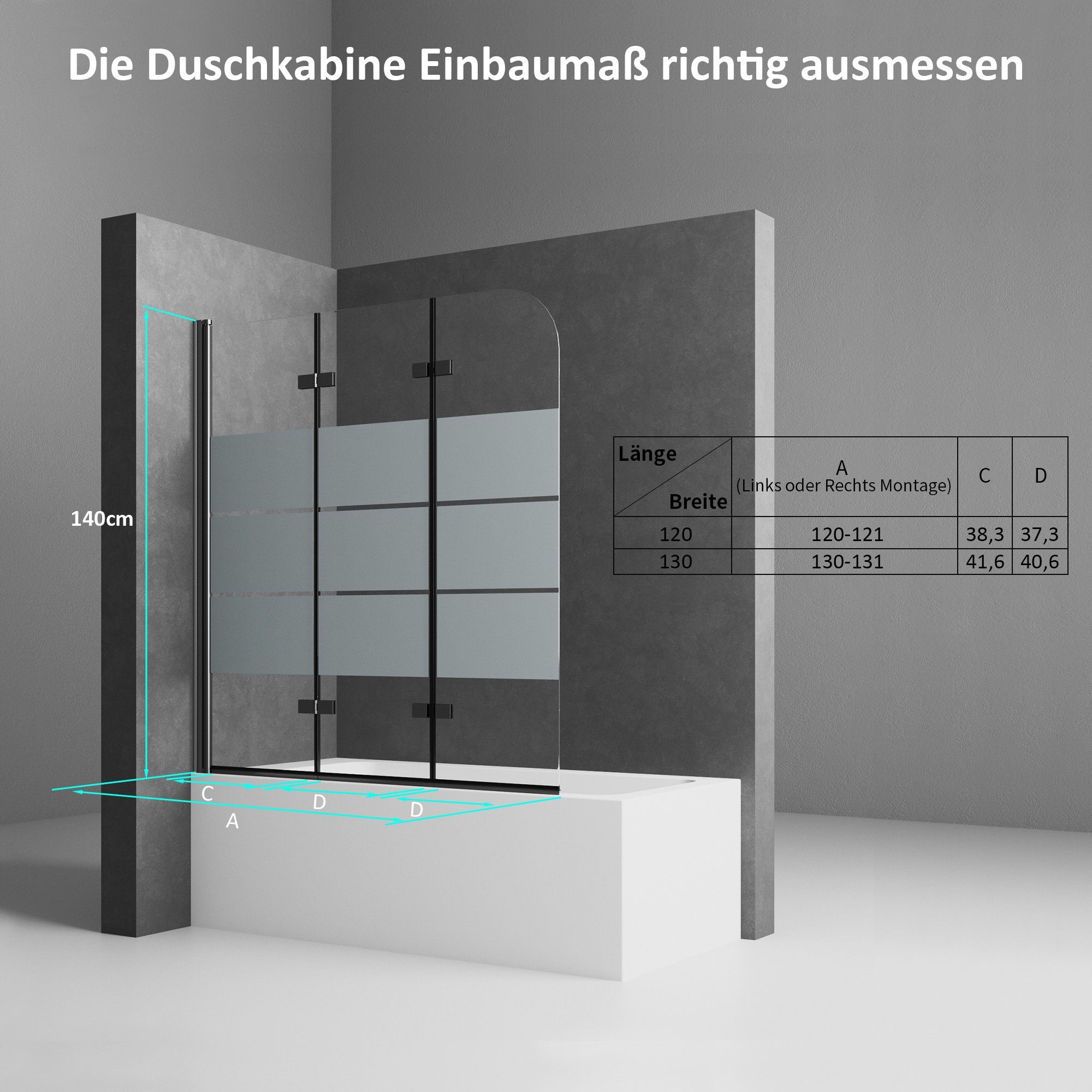 Boromal Badewannenfaltwand Badewannenaufsatz Duschwand 3-teilig Schwarz Faltbar 120cm-130cm, Einscheibensicherheitsglas, 6mm ESG Sicherheitsglas klarglas