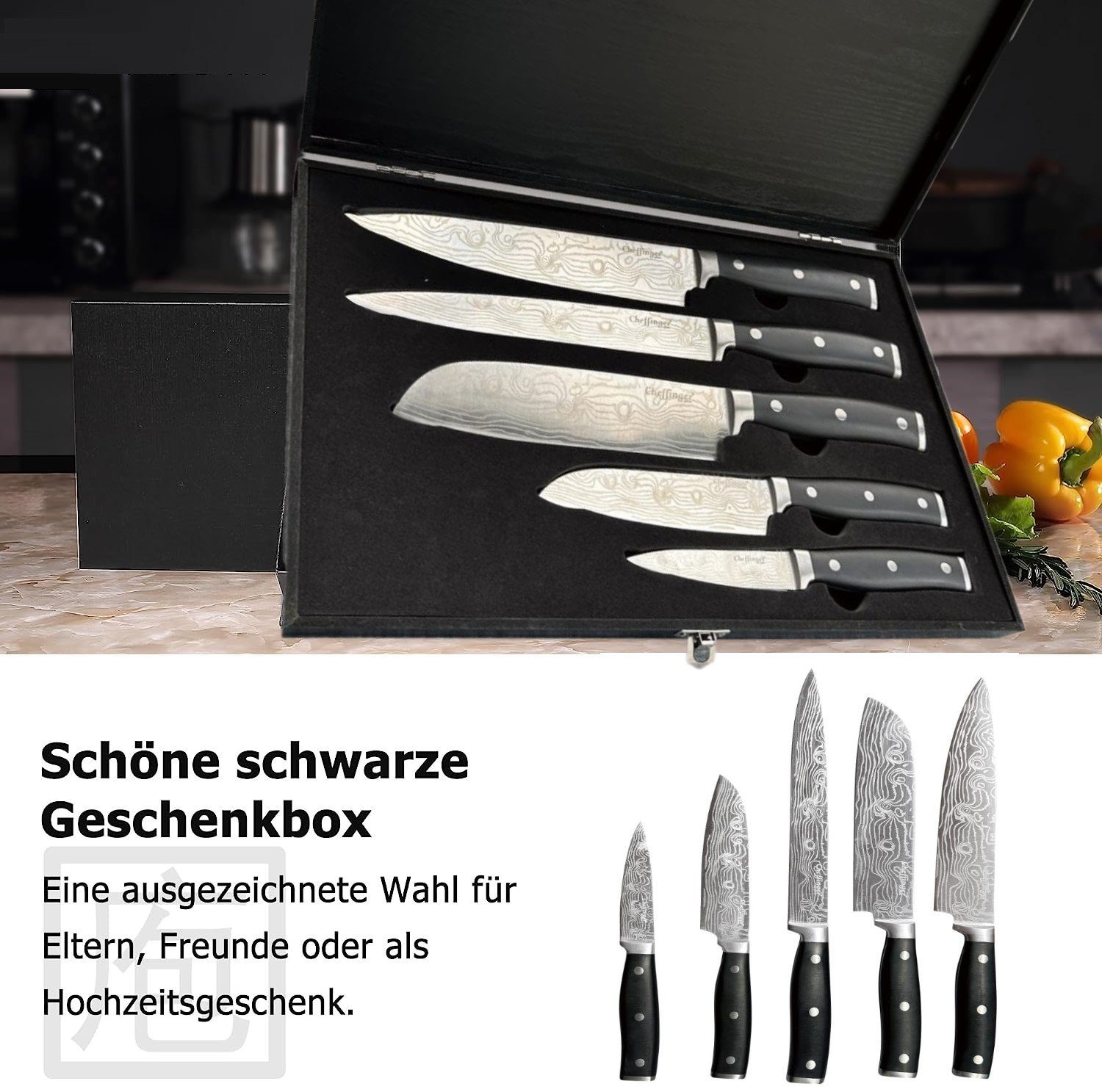KESSMANN Messer-Set Edelstahl Profi Küchenmesser Set 6 teilig ultra scharf Messerset Box (Set, 6-tlg., Messerblock Organizer Kochbesteck Küchen Utensilien Messer Set), Kochmesser Fleischmesser Santokumesser Schälmesser Allzweckmesser