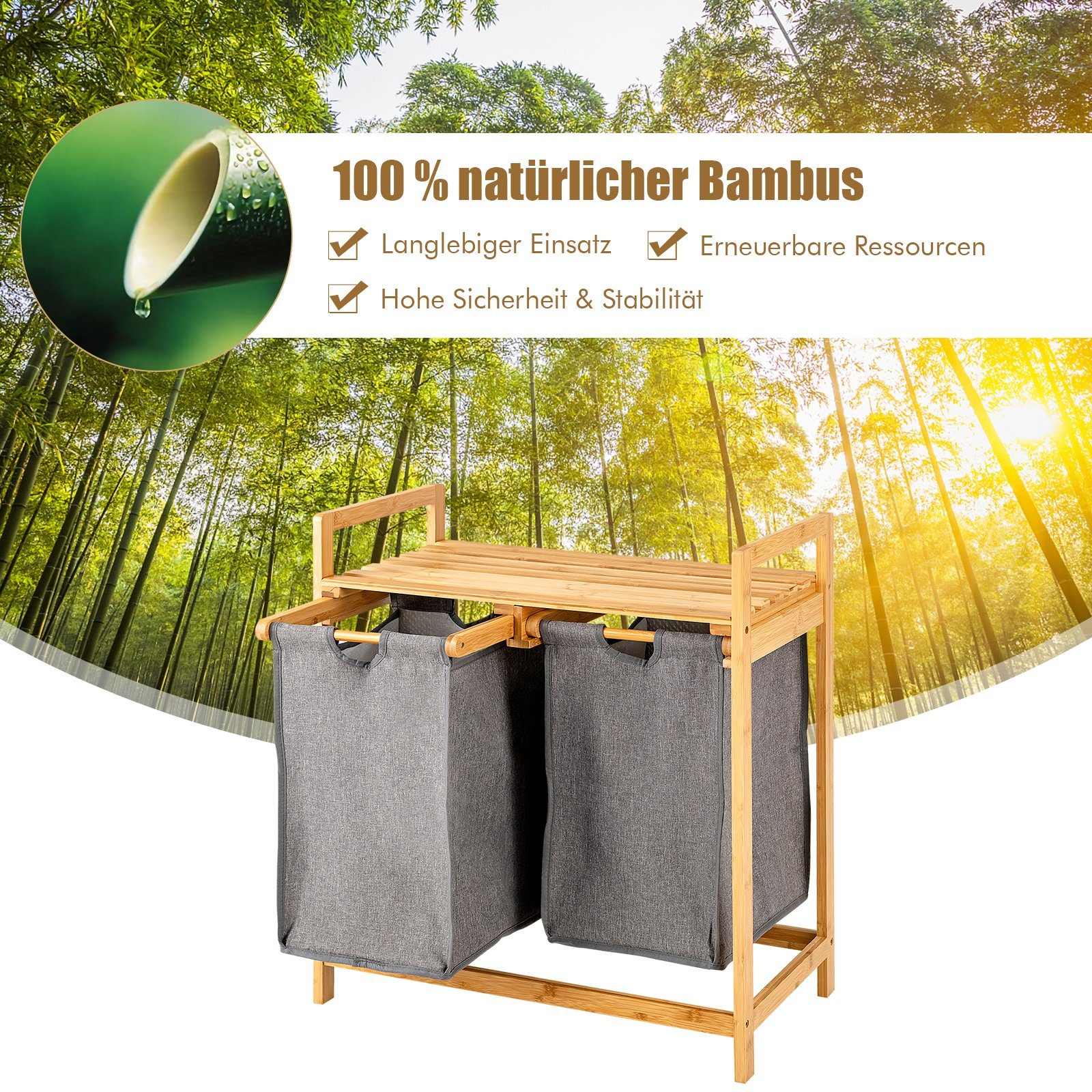 COSTWAY Wäschekorb, 2 Fächer Bambus, mit Ablage, 64x33x73cm
