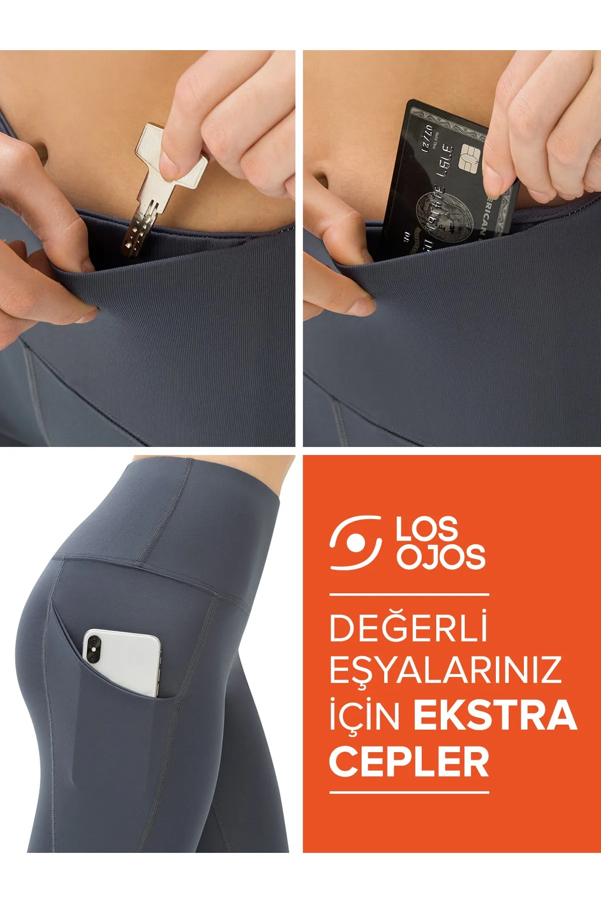 LOS OJOS  Anthrazitfarbene, schlanke Sportstrumpfhose mit hoher Taille und doppelten Taschen für Damen