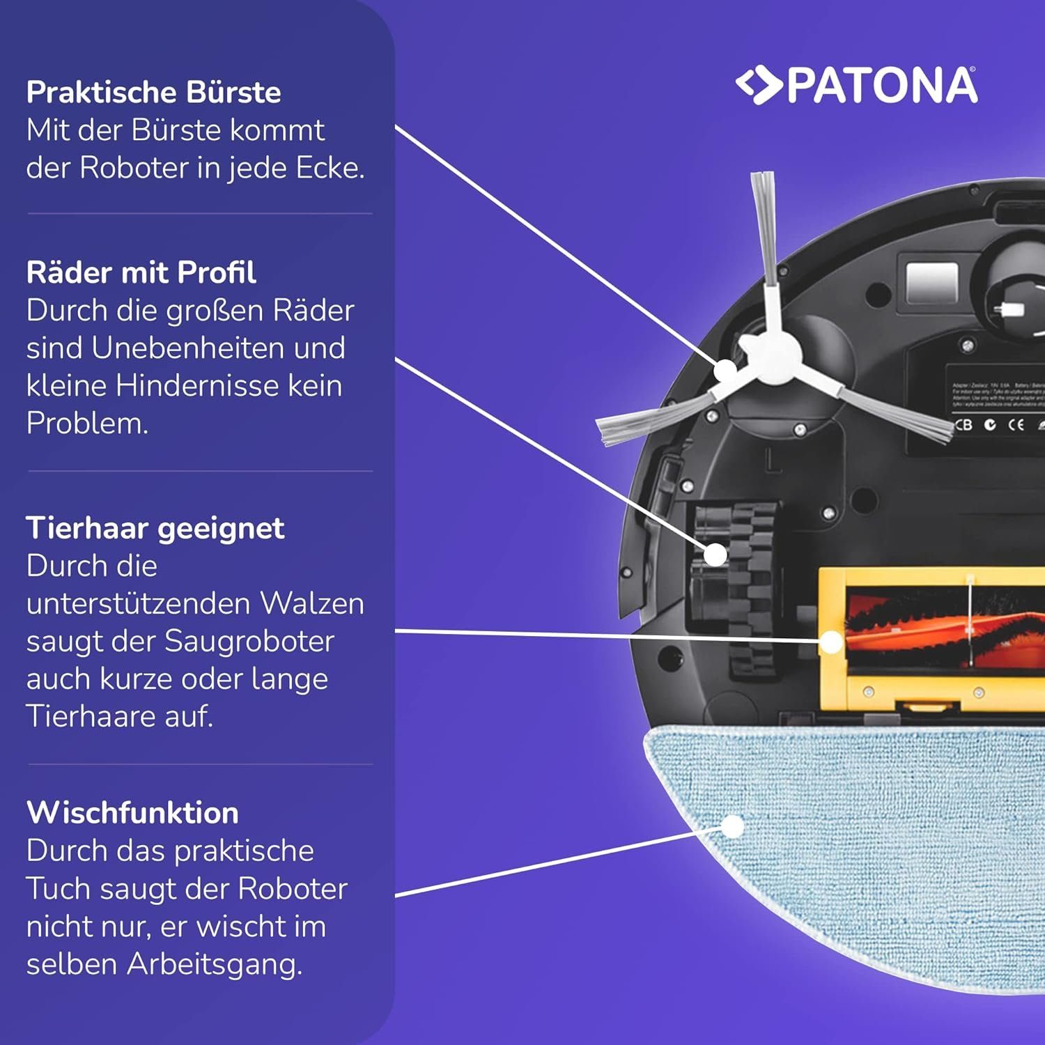 Patona Nass-Trocken-Saugroboter VM12 mit Wischfunktion Staubsauger 2 in 1 W-LAN APP Steuerung