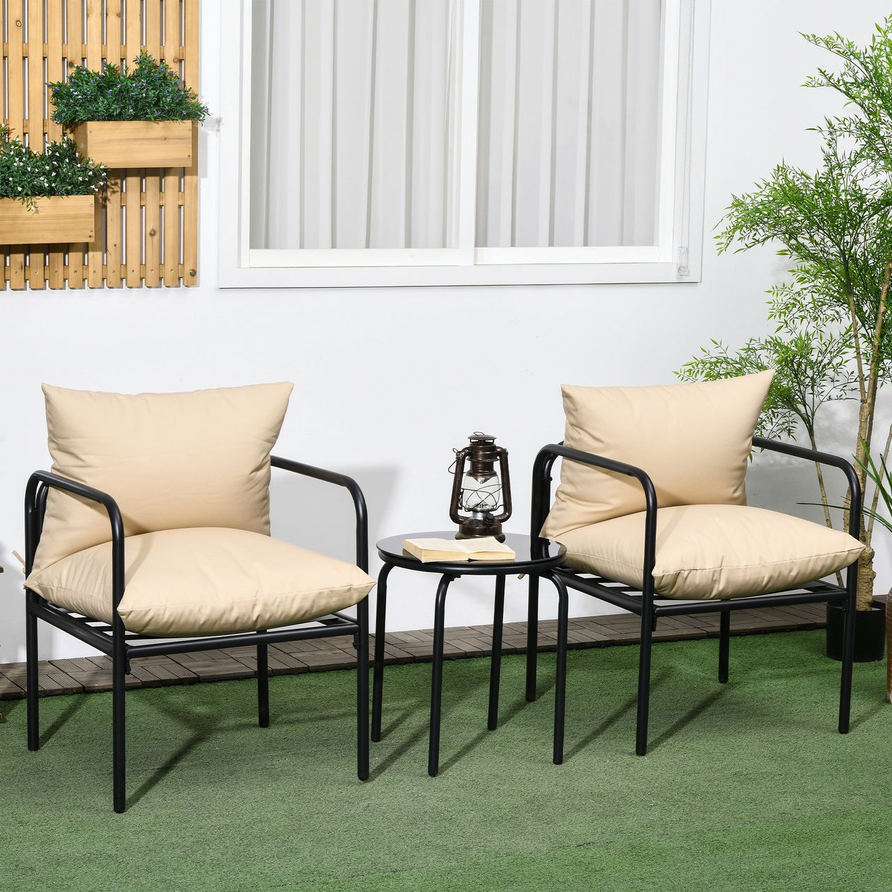 Outsunny 3tlg. Gartenmöbel-Set, Bistro-Set mit 2 Stühlen 1 Couchtisch Sitzkissen