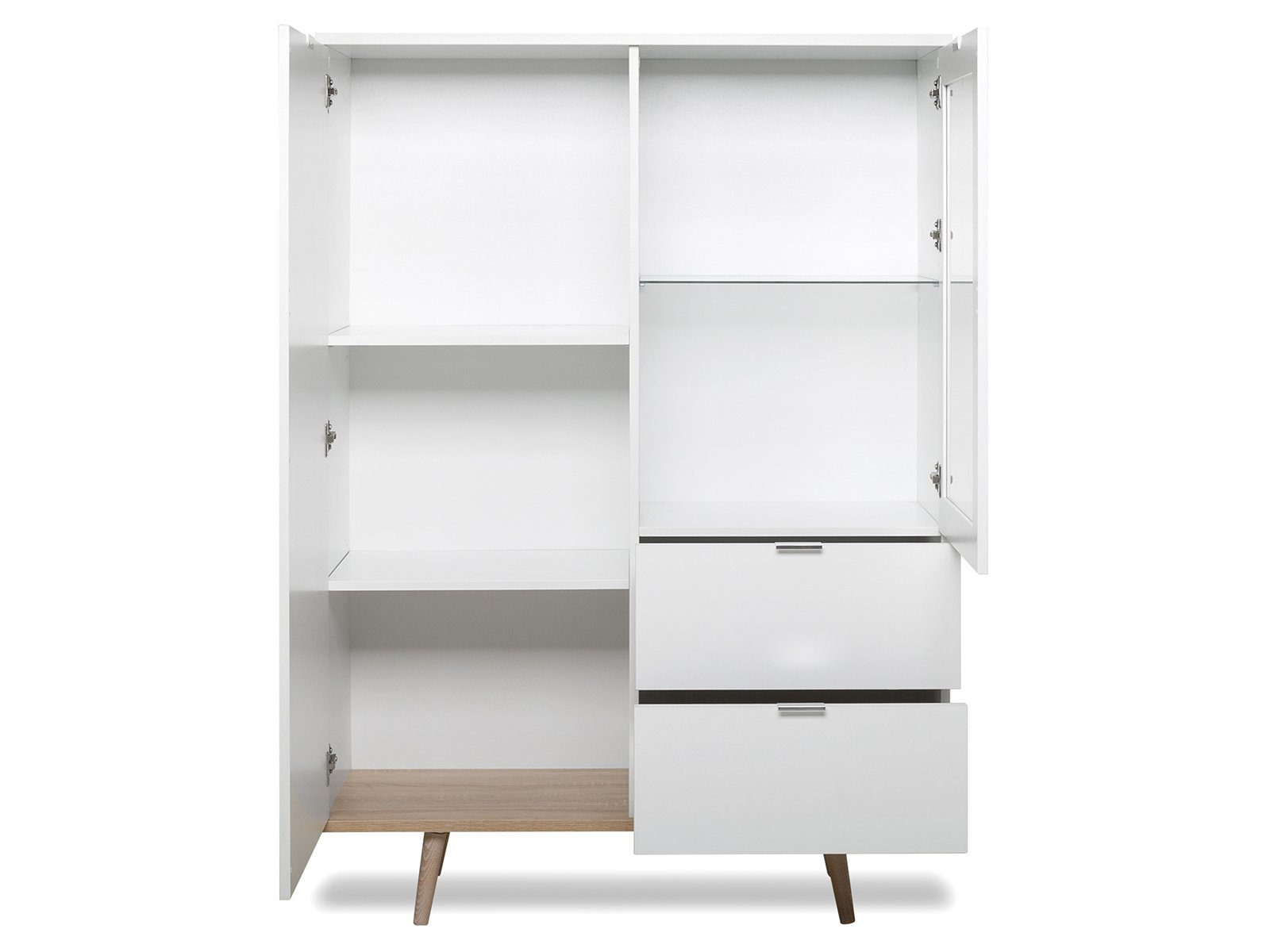 möbelando Highboard Dalarna, Modernes Highboard aus Spanplatte in Weiß, Füße aus Massivholz in Sonoma-Eiche mit 1 Glas-/Holztür, 1 Holztür, 2 Schubkästen, 2 Einlegeböden und 1 Glaseinlegeboden. Breite 100 cm, Höhe 140 cm, Tiefe 40 cm