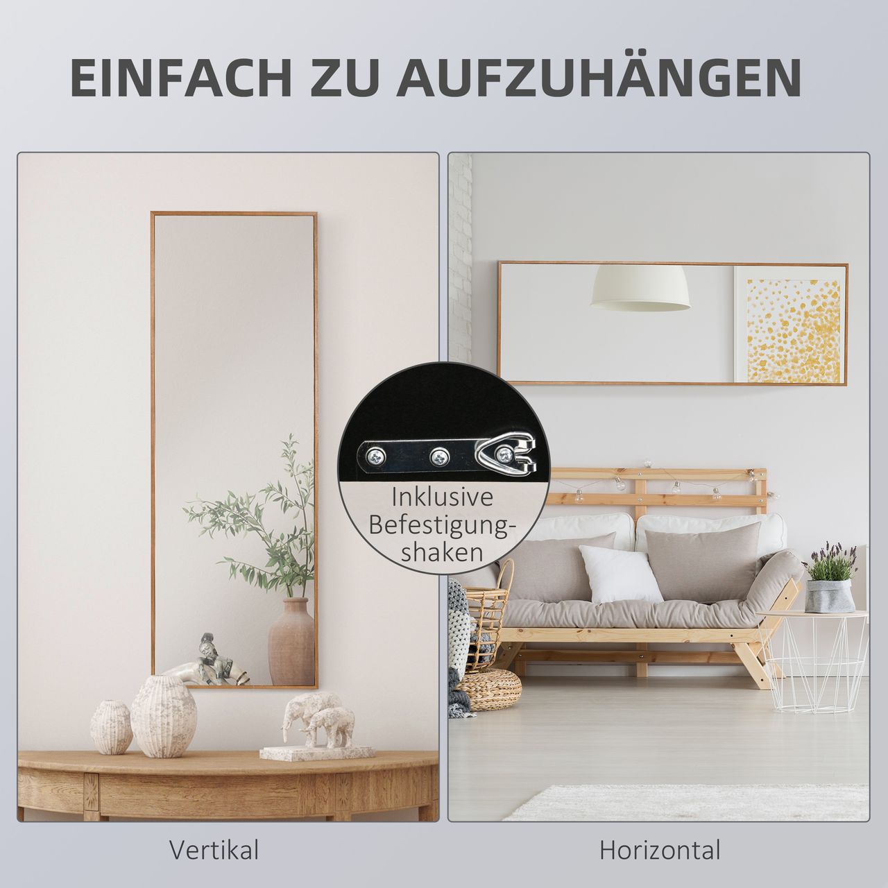 HOMCOM Wandspiegel Garderobenspiegel 125 x 45cm Flurspiegel mit Holzrahmen Natur