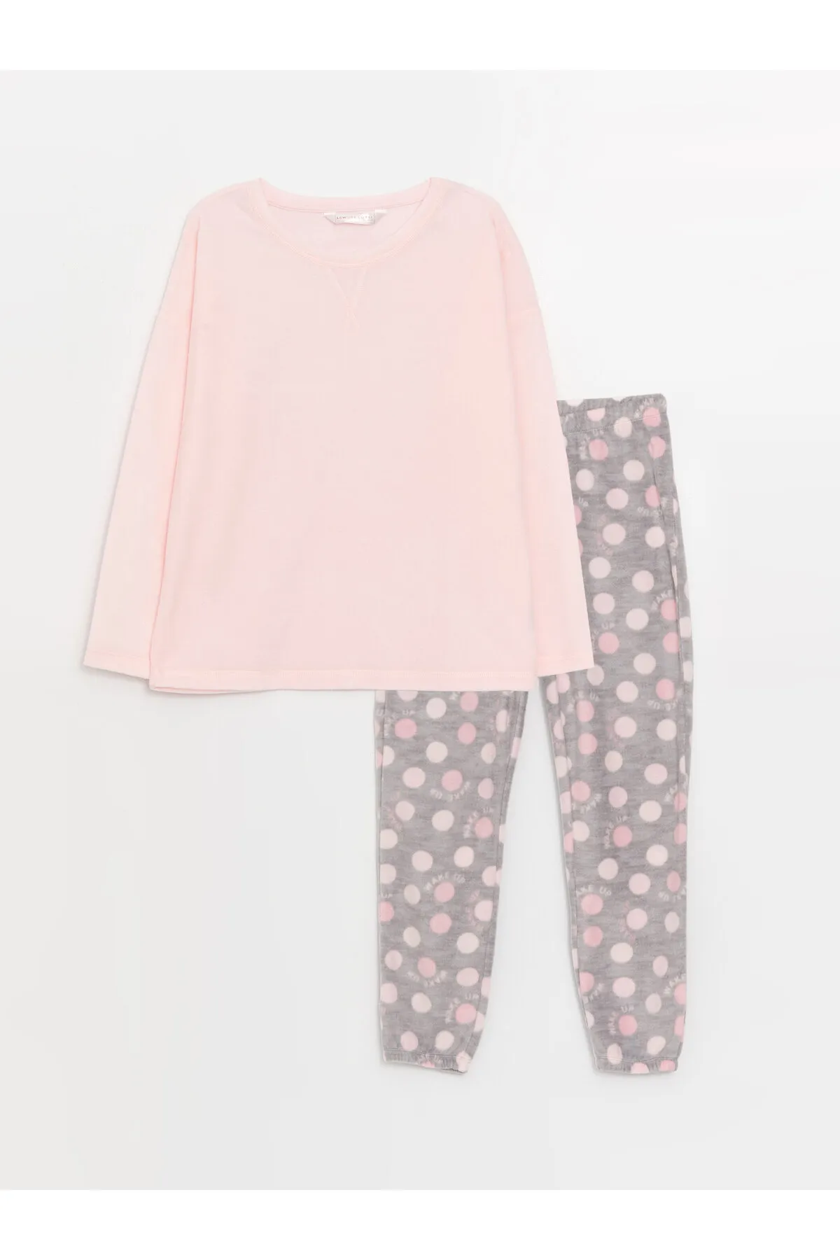 LC Waikiki  Gemustertes Langarm-Pyjama-Set aus Fleece für Damen mit Rundhalsausschnitt