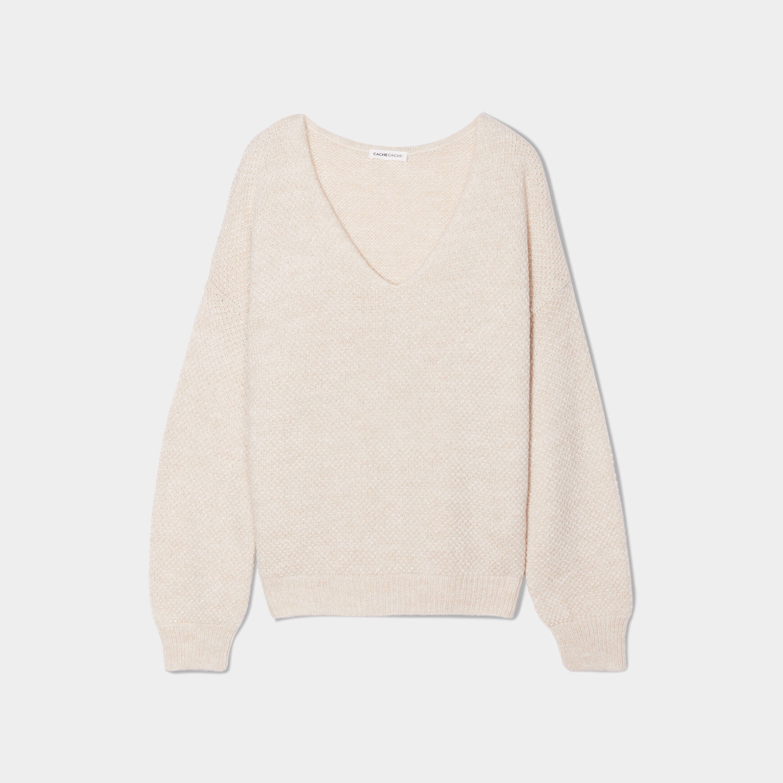 Pull manches longues col en V ecru femme | Cache Cache