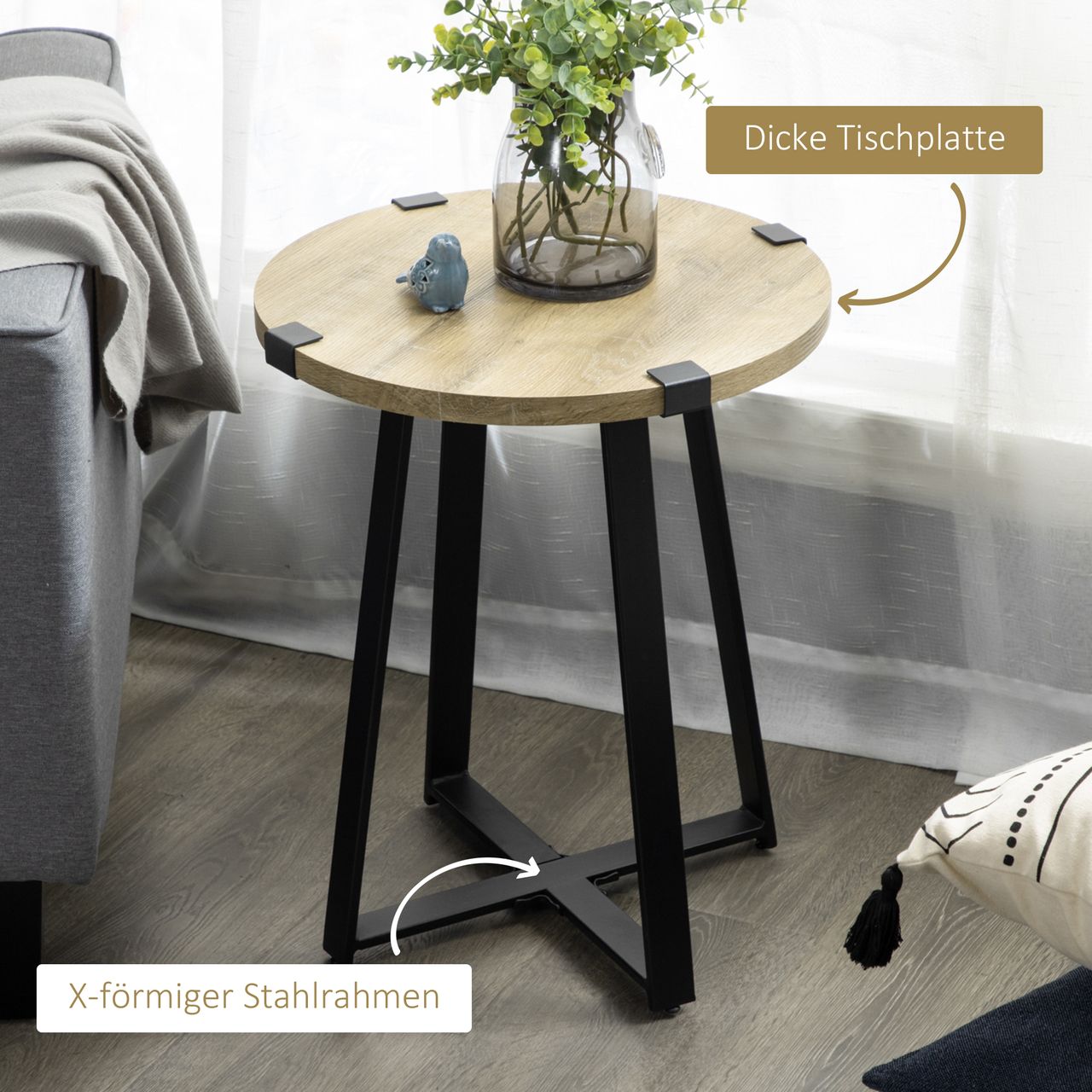 HOMCOM Couchtisch Runder Beistelltisch, Wohnzimmertisch mit Holzoptik Natur
