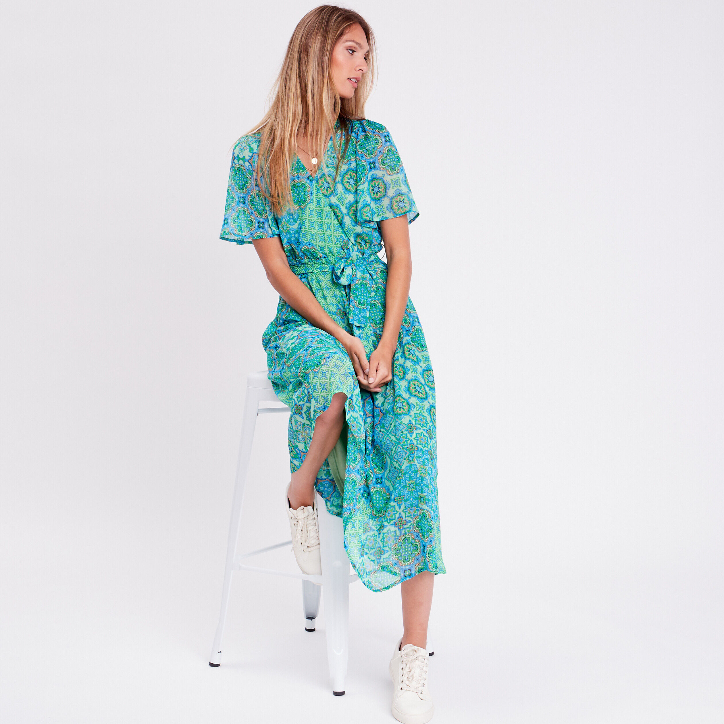 Robe longue évasée ceinturée vert femme | Cache Cache