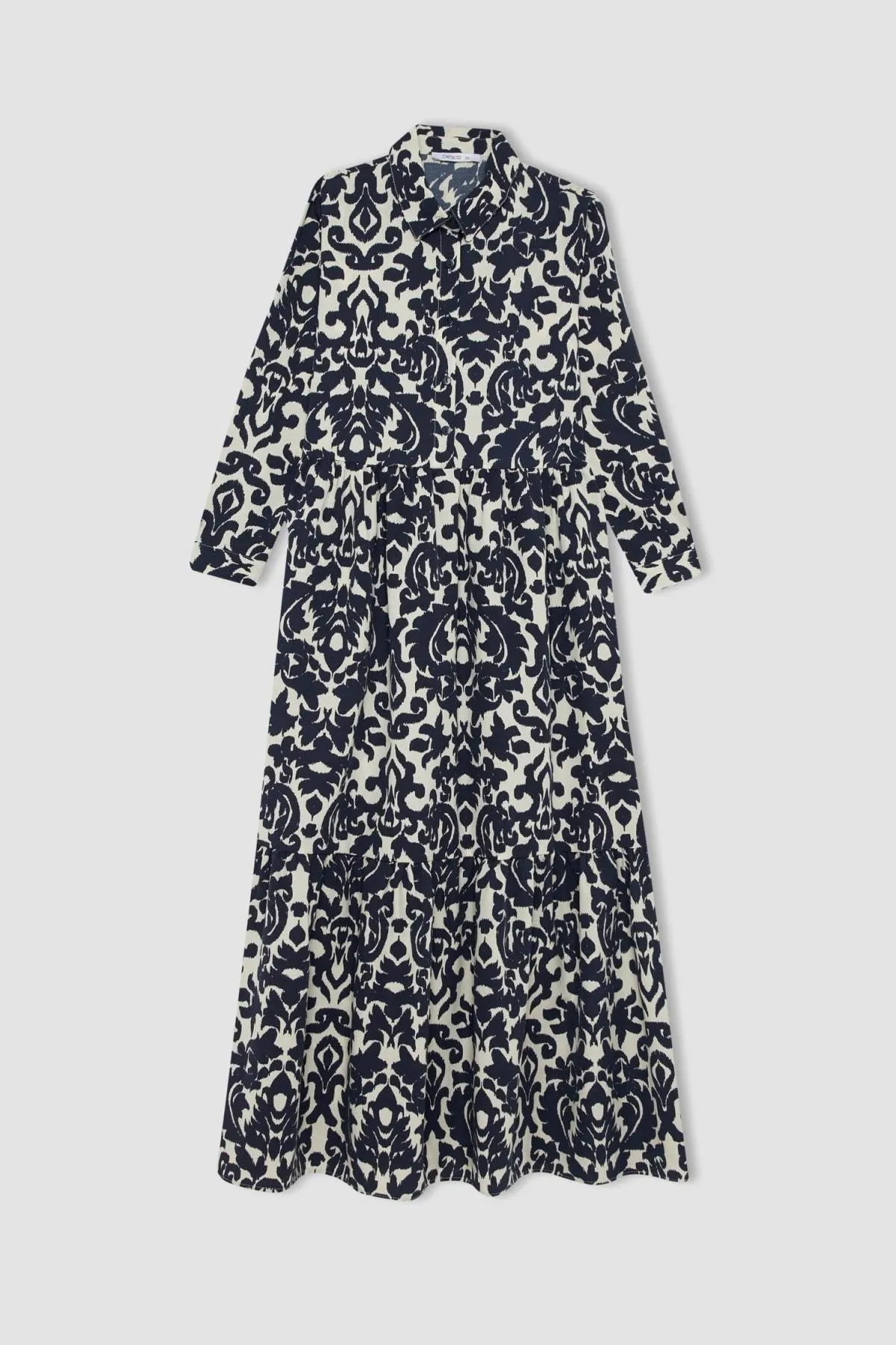 DeFacto  Maxi-Langarmkleid mit Hemdkragen und Retro-Muster