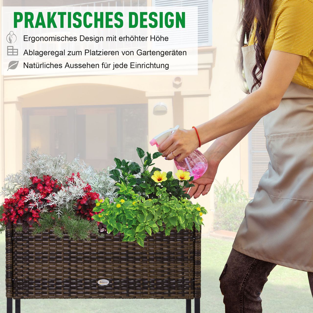 Outsunny Poly Rattan Hochbeet Blumentopf Blumenkasten mit Füßen mit Ablage