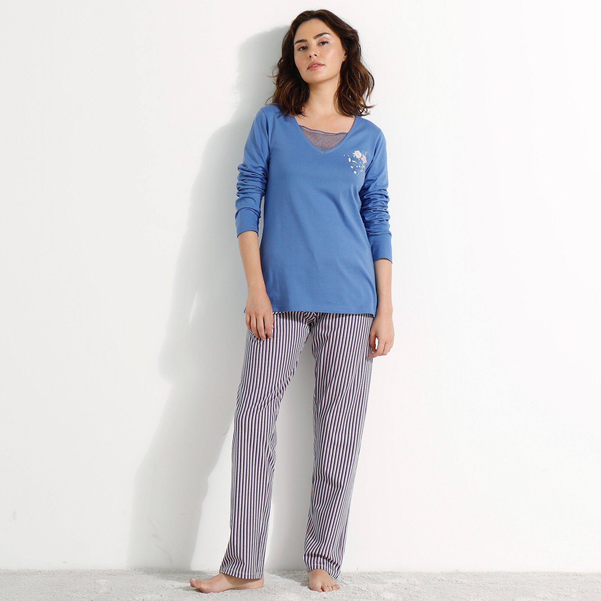 Pantalon pyjama coton imprimé rayures