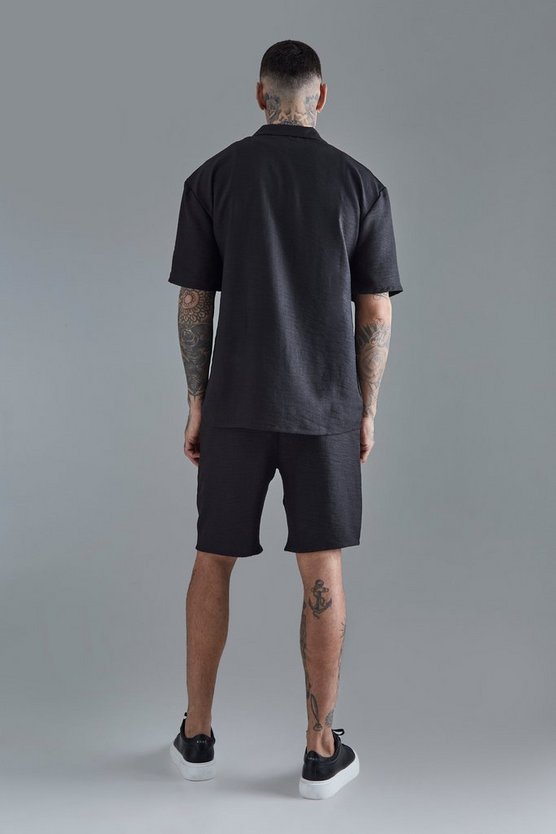 Tall kurzärmliges Leinen-Hemd & Shorts in Schwarz