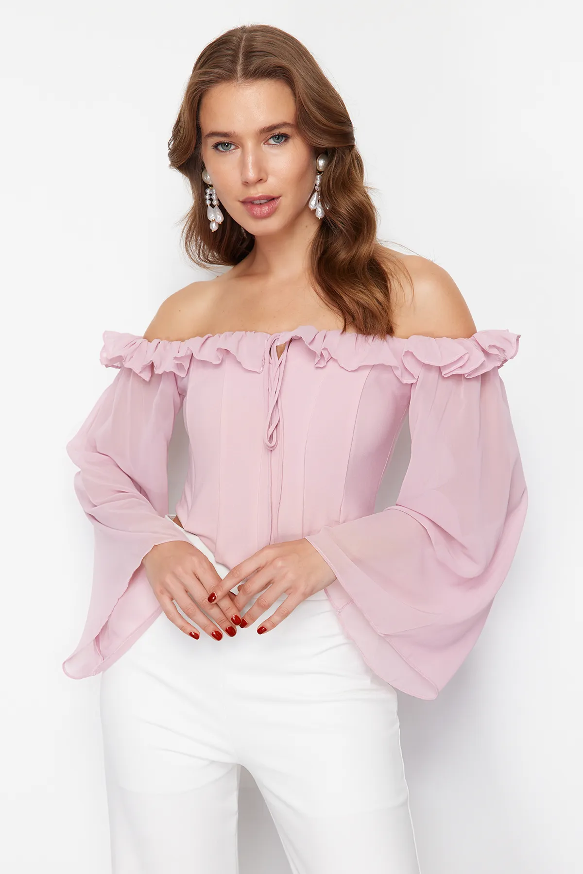 Trendyol Collection  Chiffon-Bustier – Korsett-Detail mit getrockneten Rosen, TPRSS24BS00039