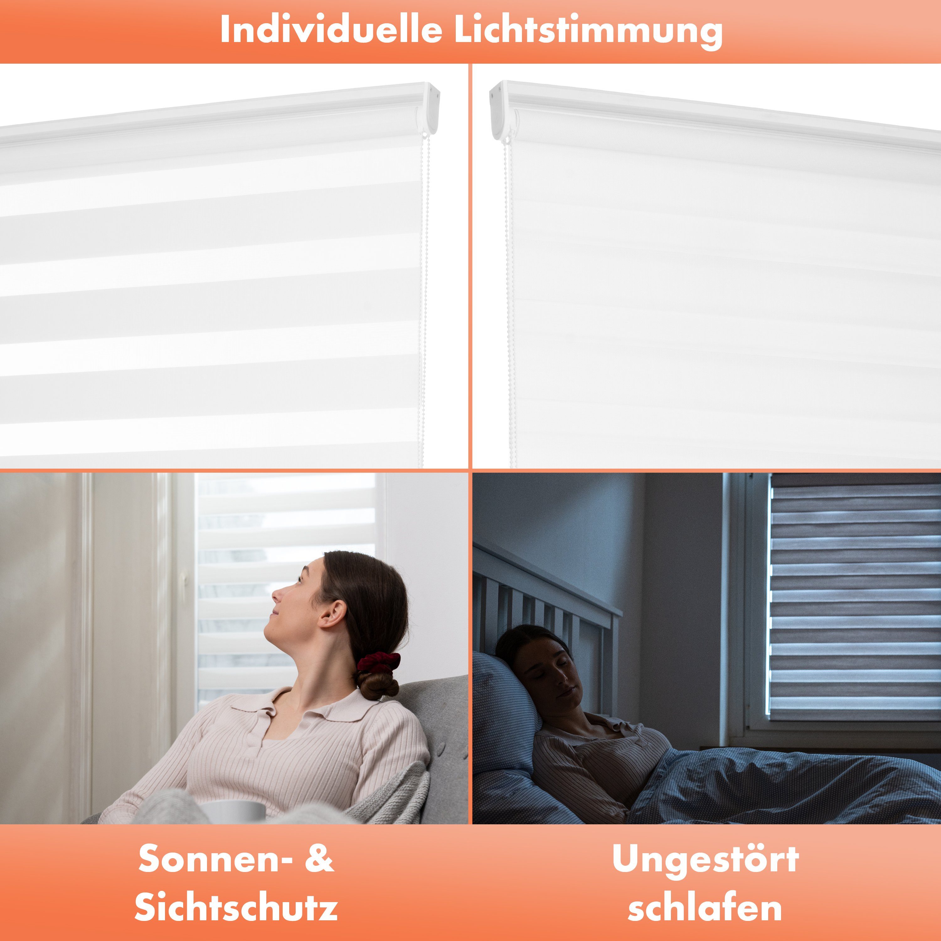 Doppelrollo mit Perlen, Rollos für Fenster ohne Bohren, Weiß, Bailena, Lichtschutz, ohne Bohren, freihängend, Klemmfix, Gardine mit Volant, Seitenzugrollo verdunkelnd