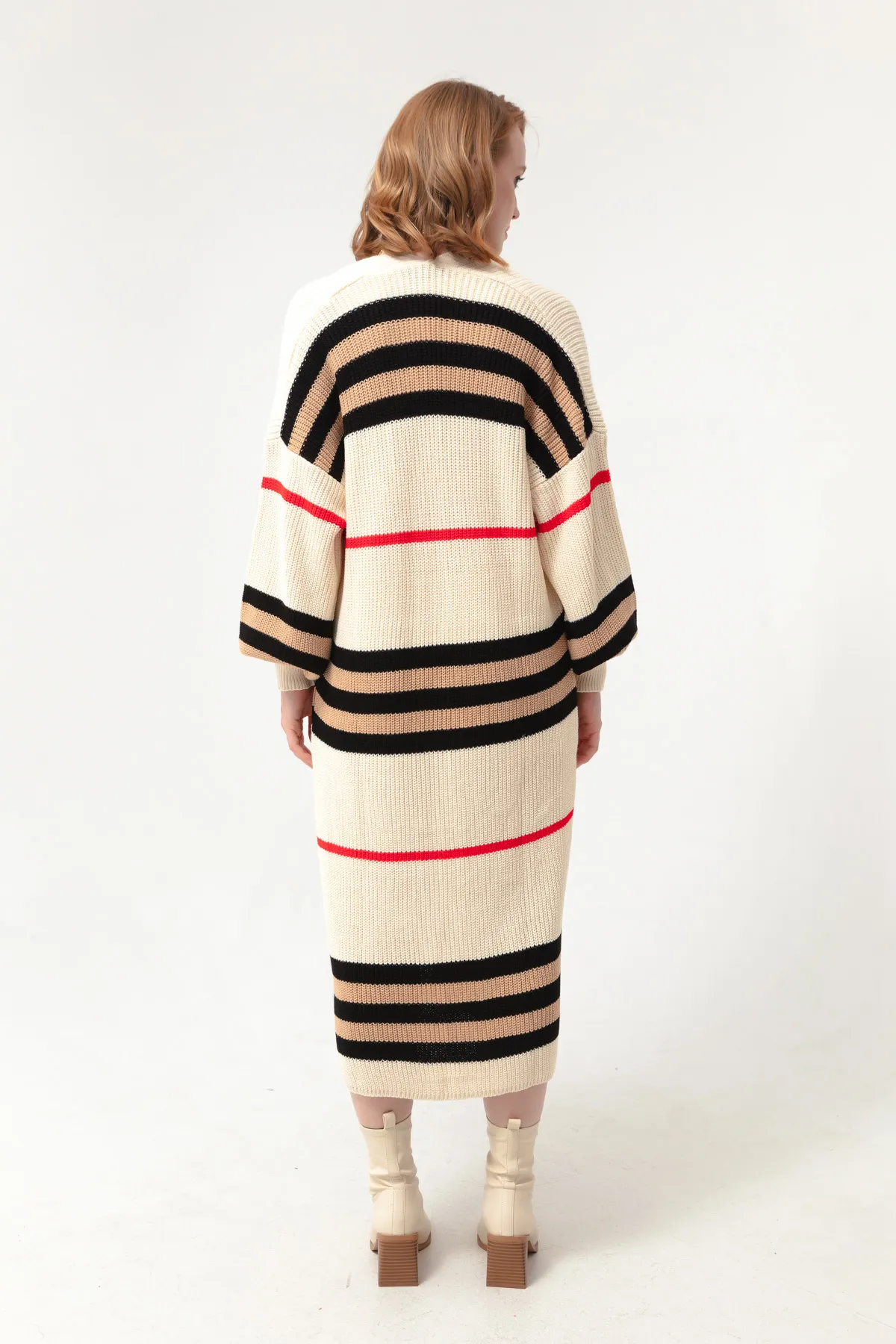 Lafaba  Beige-brauner, langer Strick-Cardigan mit Ballonärmeln für Damen