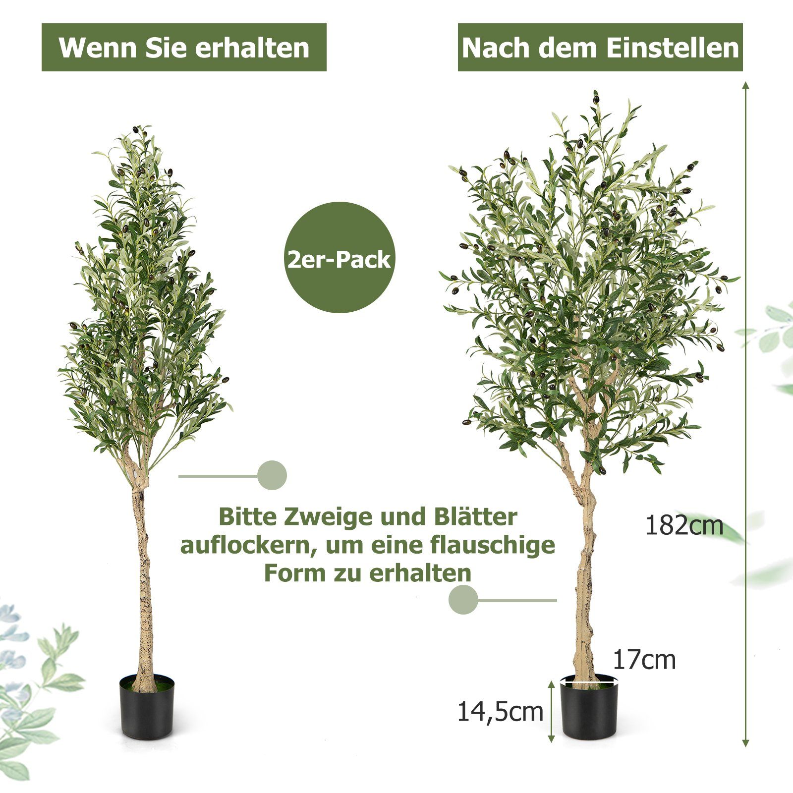 Kunstpflanze Olivenbaum, COSTWAY, Höhe 182 cm, 2er, mit 72 Früchten