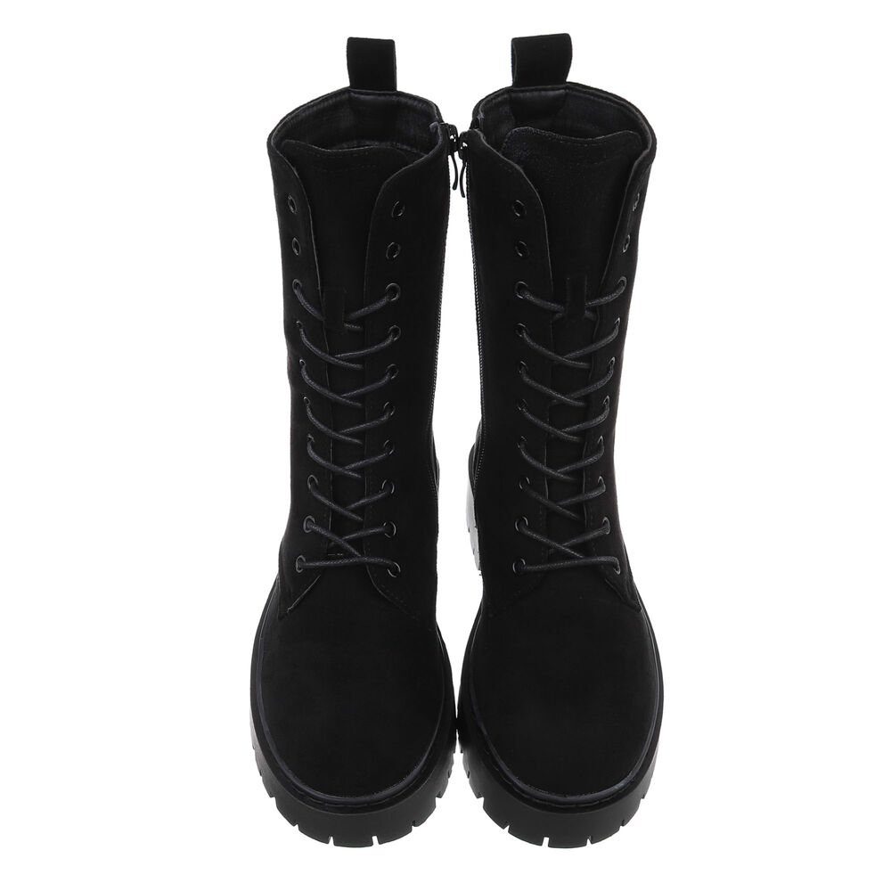 Ital-Design Damen Schnürschuhe Freizeit Schnürstiefelette Blockabsatz Plateaustiefeletten in Schwarz