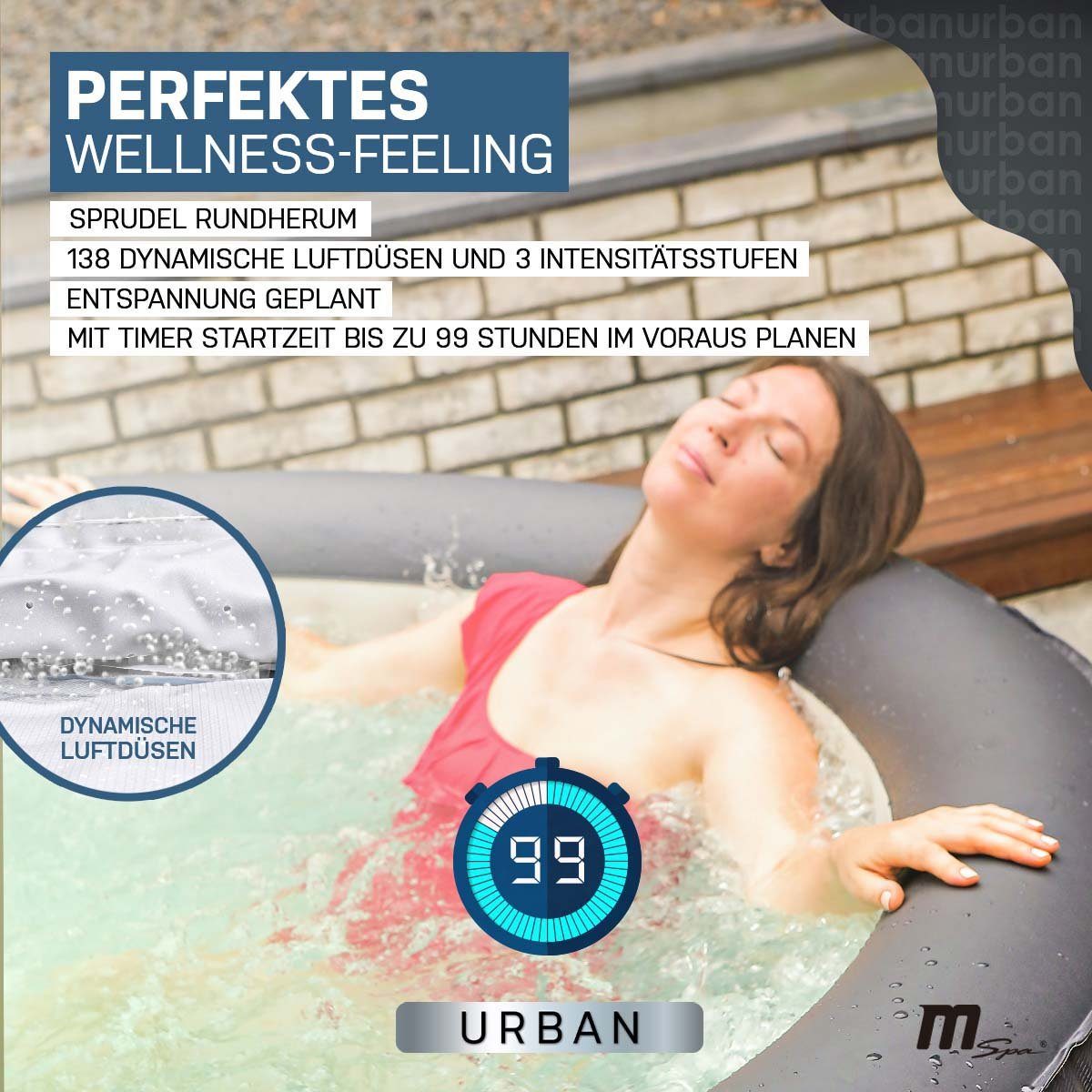mSpa Whirlpool Outdoor Whirlpool aufblasbar Urban Rimba U-RB061 für 6 Personen, (Luxus Garten Pool - inkl. 2x Filterkartusche - Isolierabdeckung - Schnellheizsystem - Winterfest - 138 Luftdüsen, 4-tlg., Abdeckung mit Schloss - Indoor - LED Fernbedien