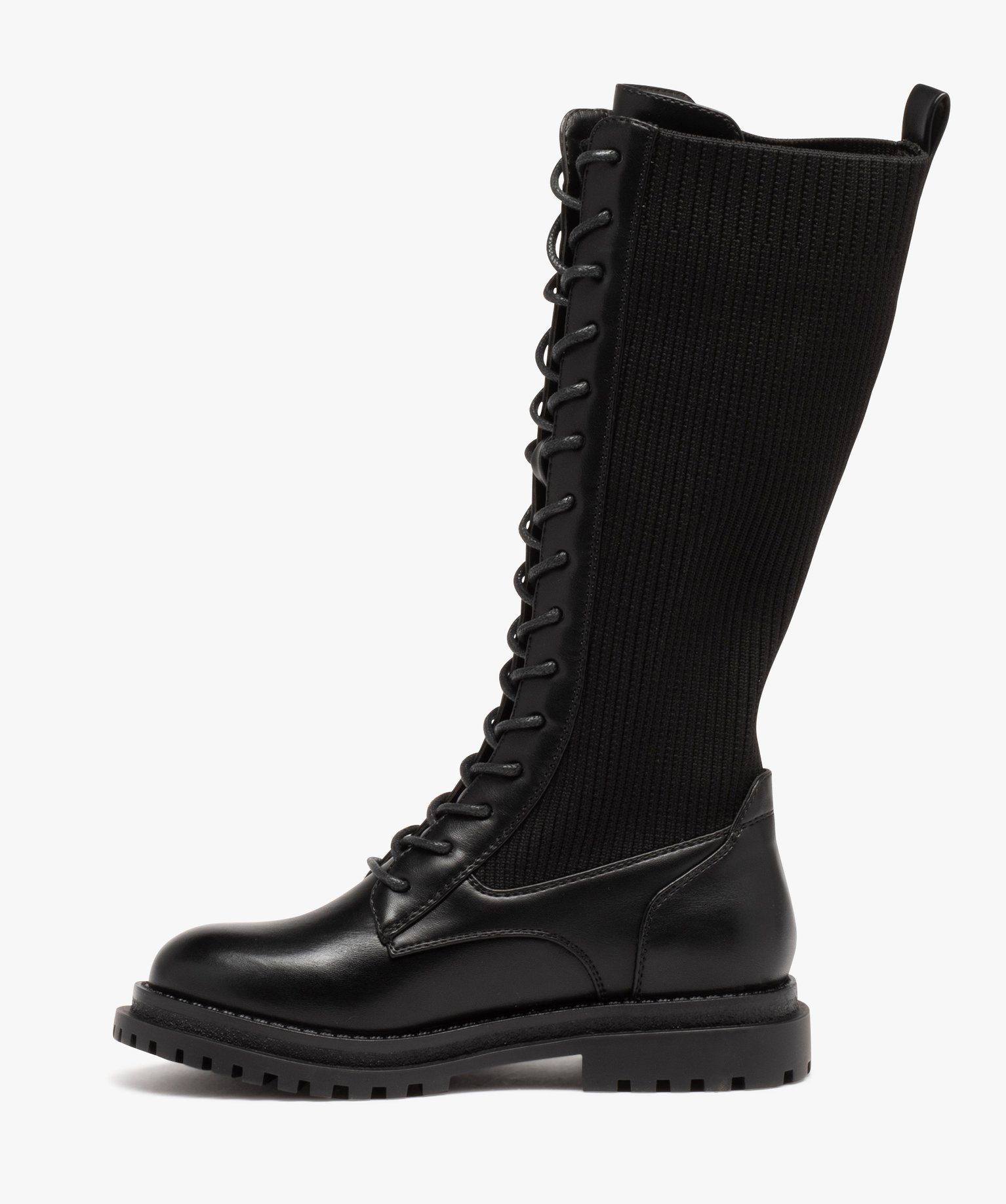 Bottes fille plates unies à lacets et tige chaussette noir | GEMO
