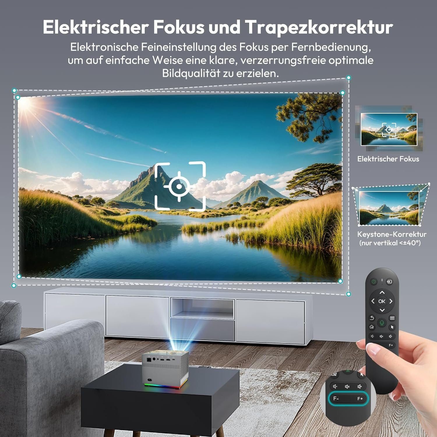 XGODY Portabler Projektor (10000 lm, 5000:1, 1920 x 1080 px, Elektrischer Fokus Android 9 Projektor 200ANSI Lumen Unterstützung)