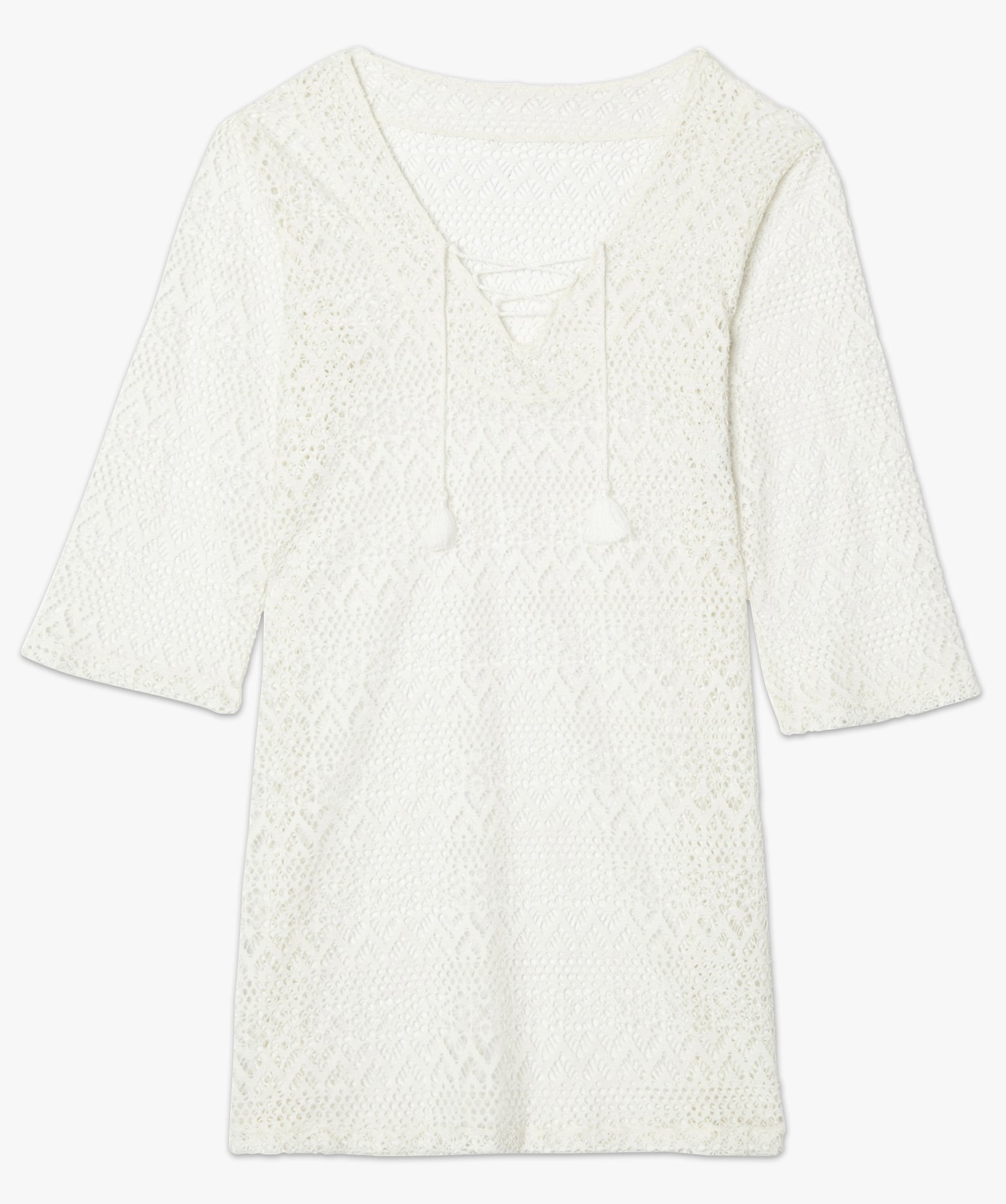Robe de plage femme courte ajourée à manches 3/4 blanc | GEMO
