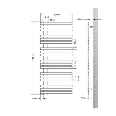 LuxeBath Badheizkörper Designheizkörper Badheizkörper IronEM Paneelheizkörper Flachheizkörper, Schwarz matt 600x1400mm inkl. Montage-Set