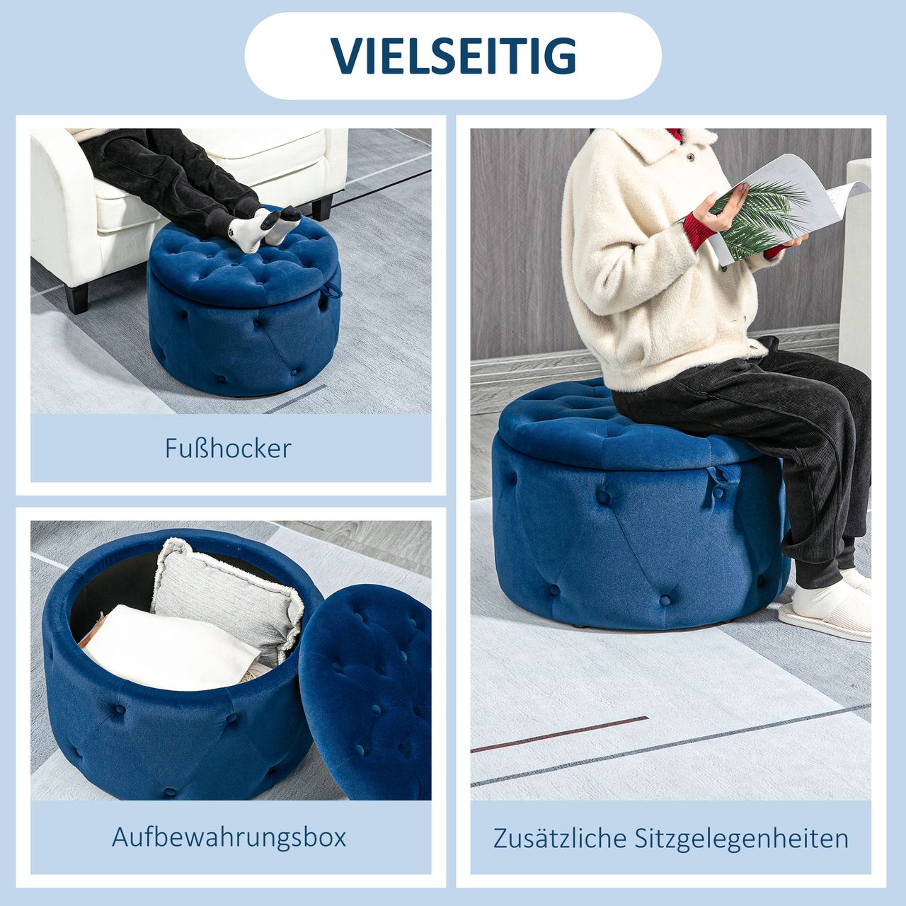 HOMCOM Sitzhocker mit Stauraum, Sitztruhe mit Samtoptik, Knöpfen für Wohnzimmer