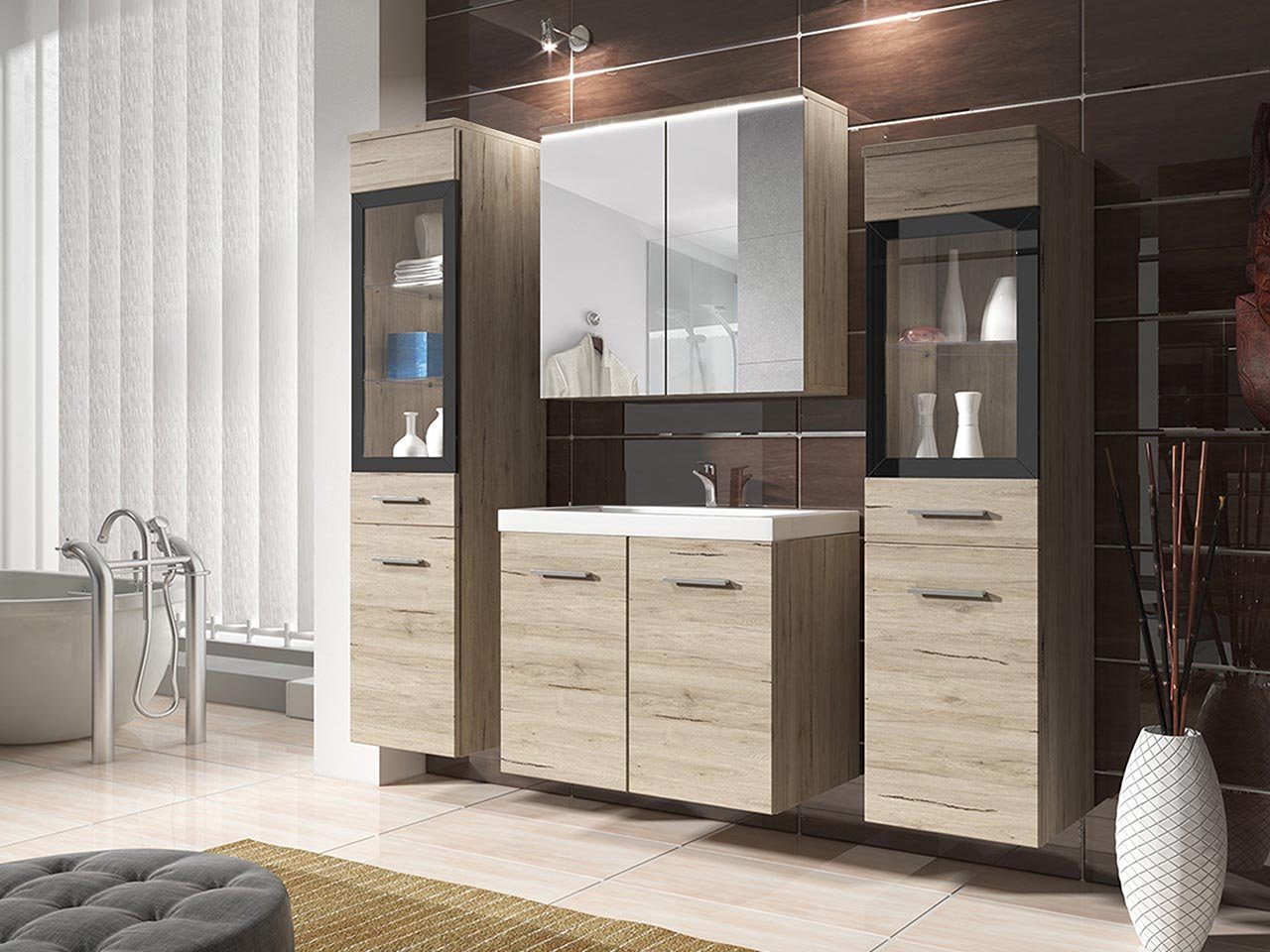 Mirjan24 Badmöbel-Set Madrit II, (5er-Set, Waschbeckenschrank, 2x Hochschrank, Spiegelschrank, Waschbecken), Modernes Badezimmer, Komplett