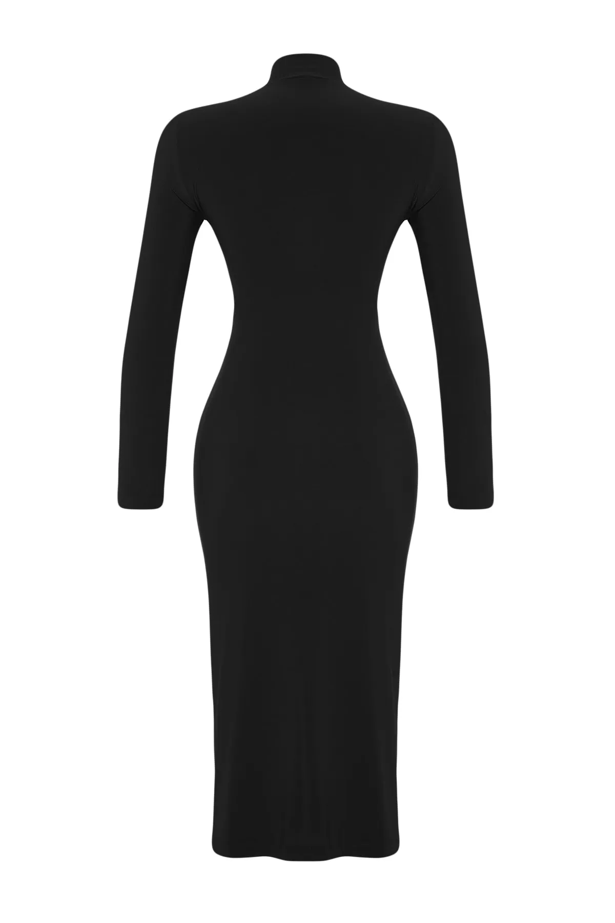 Trendyol Collection  Schwarzes, drapiertes, detailliertes Schlitzkleid mit hohem Kragen, figurbetontes, flexibles Midi-Strickkleid TWOAW24EL00134