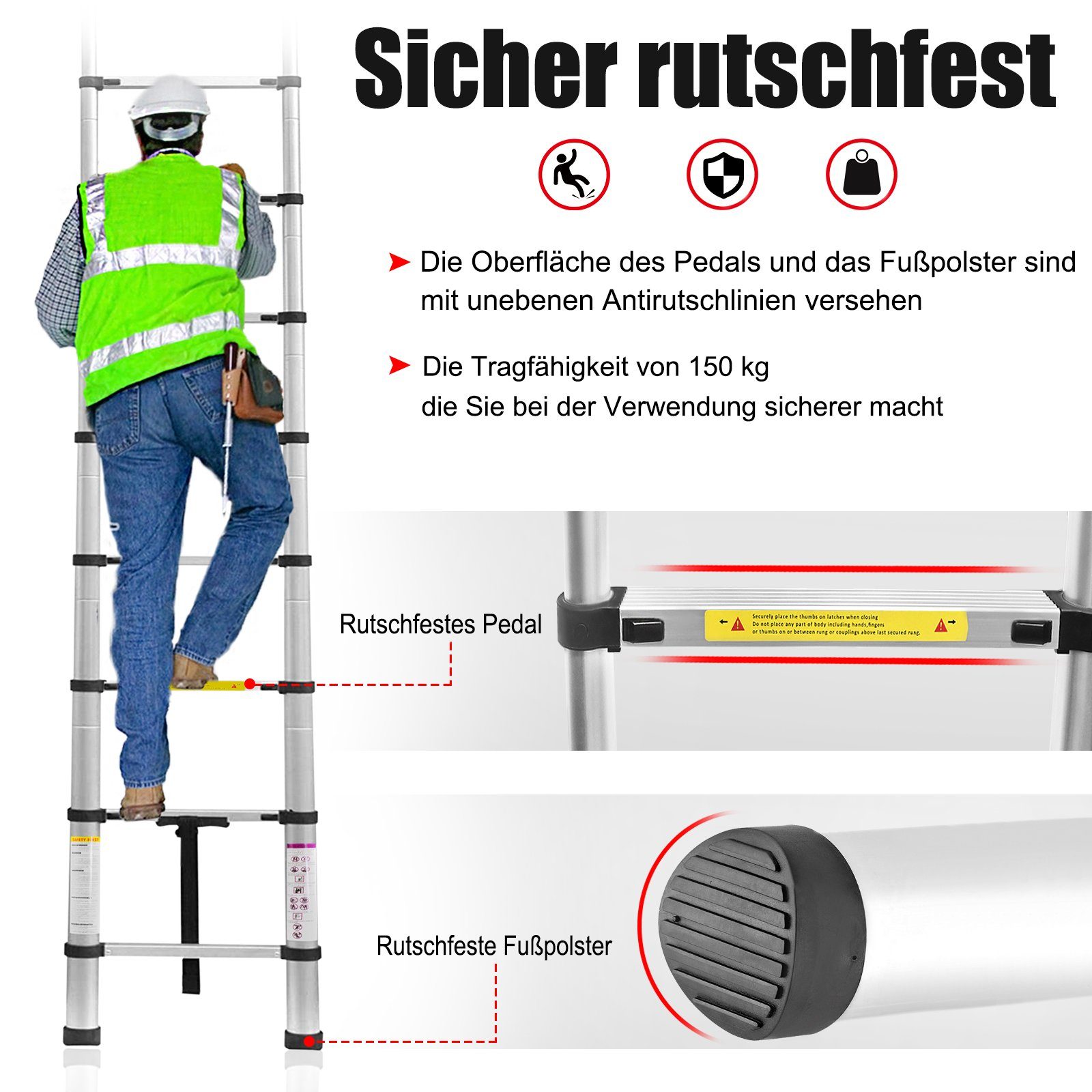 UISEBRT Teleskopleiter Klappbar Aluminiumleiter Ausziehleiter (1,9M+1,9M)