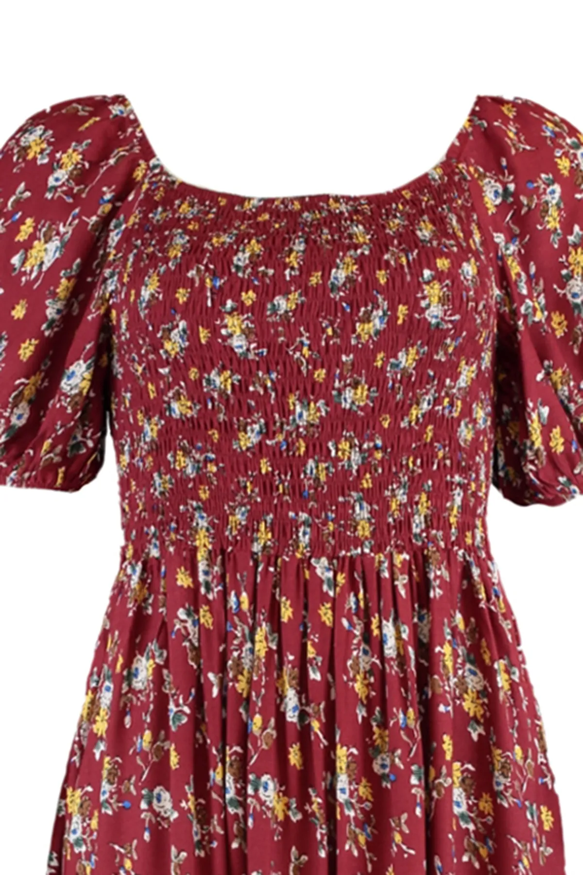 Trendyol Curve  Burgunderrotes, gemustertes, gewebtes Kleid mit Brustverzierung TBBSS22EL1611