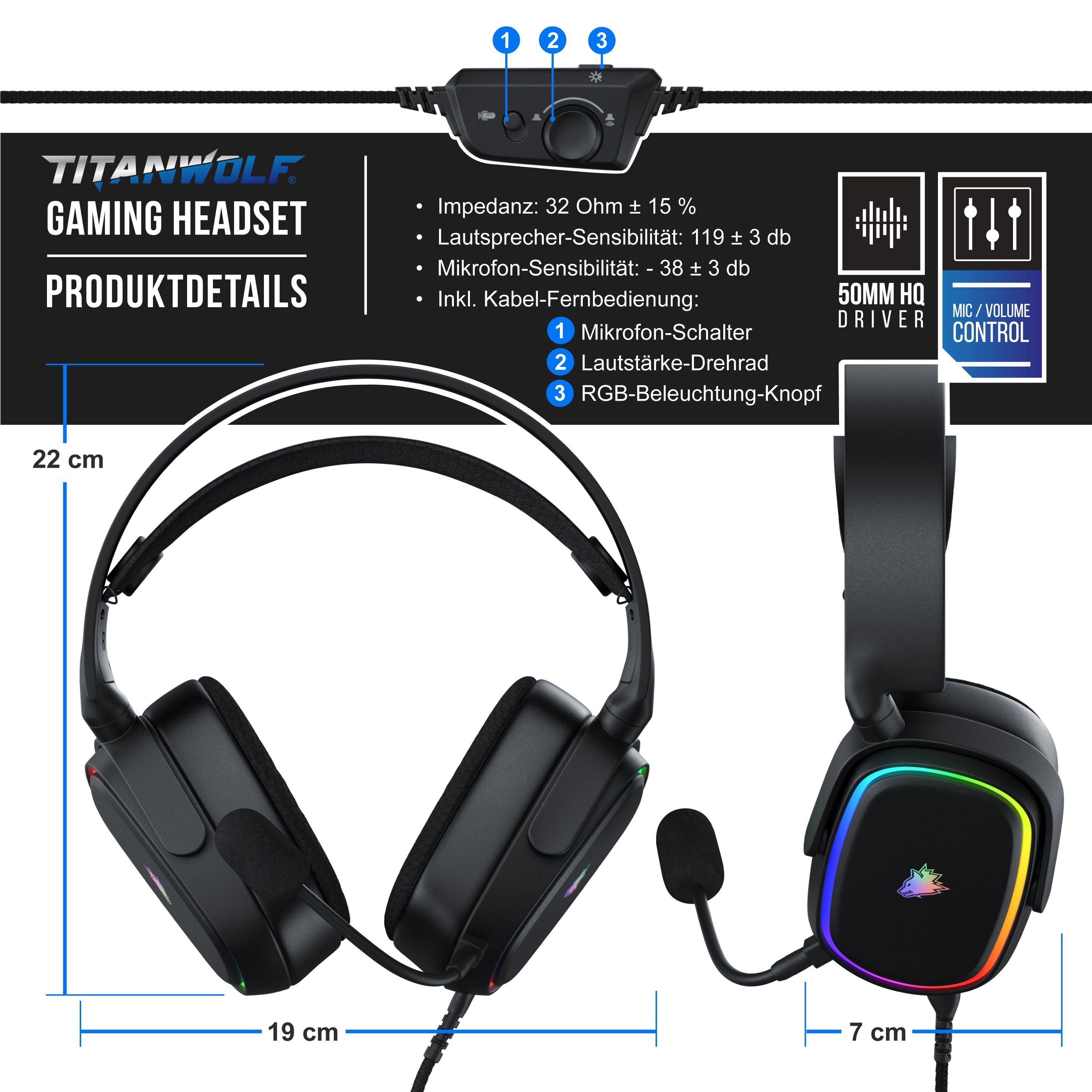 Titanwolf Gaming-Headset (Kabel mit Stoffummantelung; Mikrofon entnehmbar; Kabelfernbedienung mit Lautstärke; RGB Beleuchtung, 7.1 Virtuell Surround Kopfhörer, 1,95 cm Kabel, für PC, PS4 & PS5)