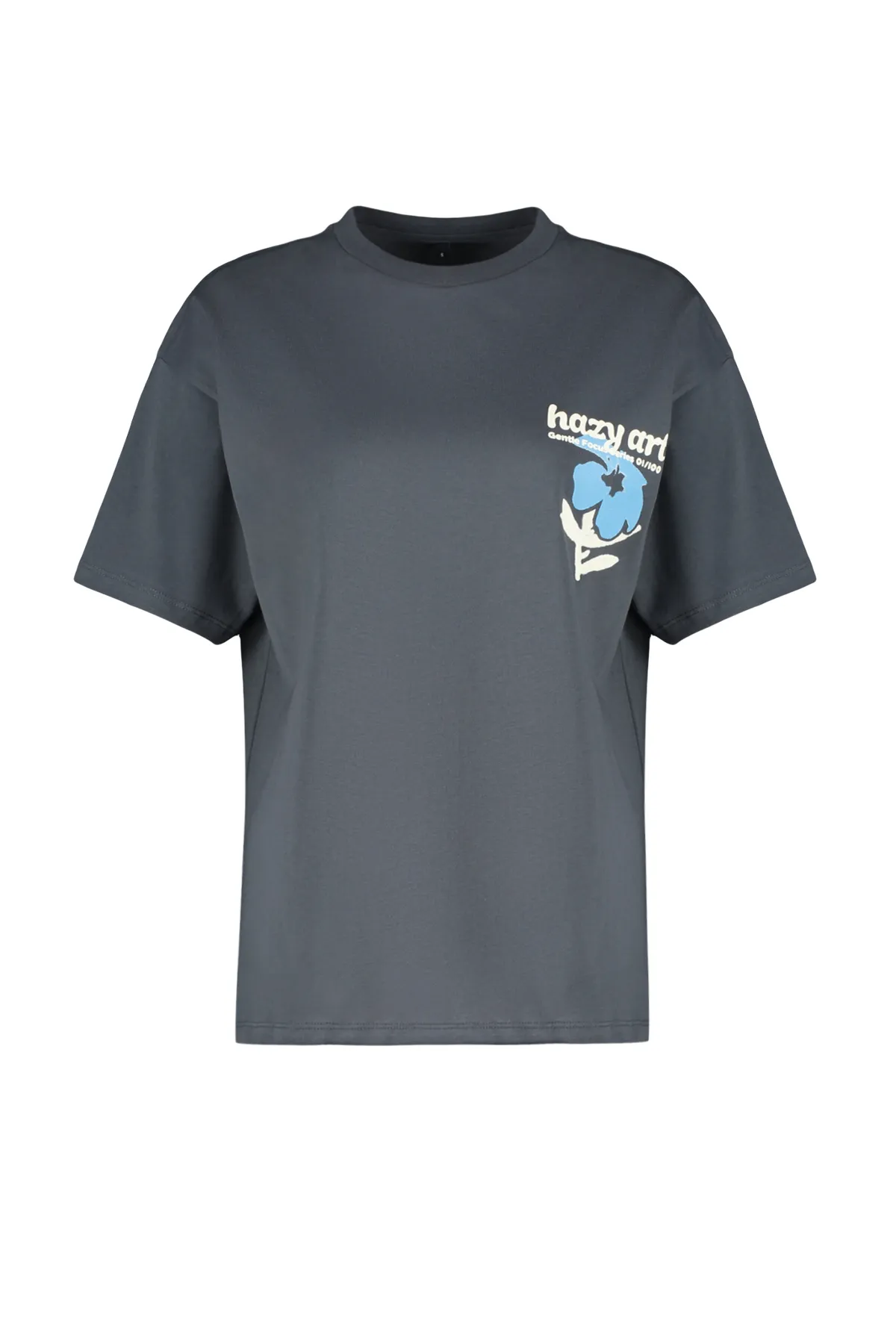 Trendyol Collection  Anthrazitfarbenes Strick-T-Shirt aus 100 % Baumwolle auf der Rückseite und der Vorderseite mit übergroßem/weitem Muster TWOSS24TS00056