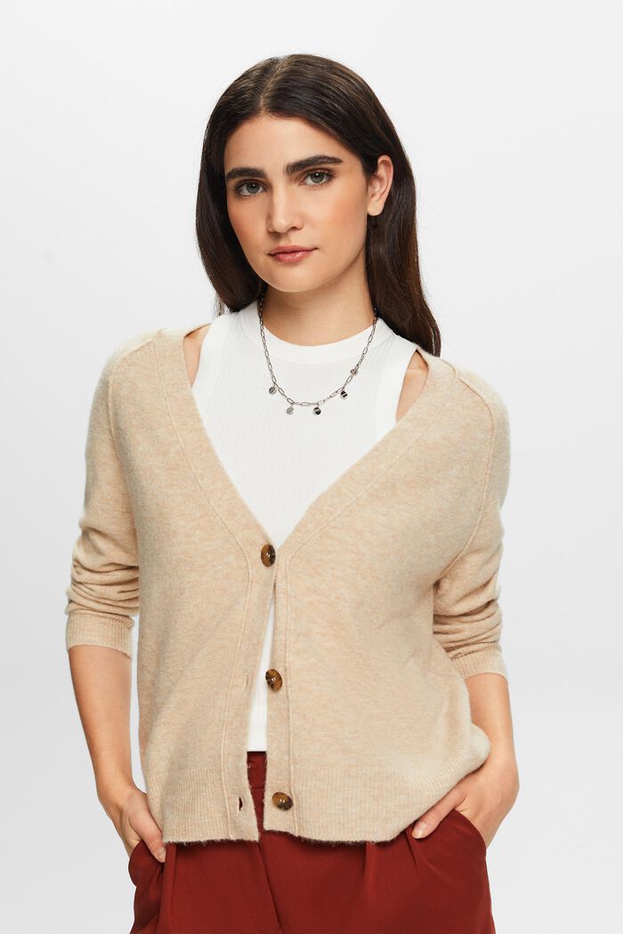Geknöpfter Cardigan mit V-Ausschnitt, Wollmix