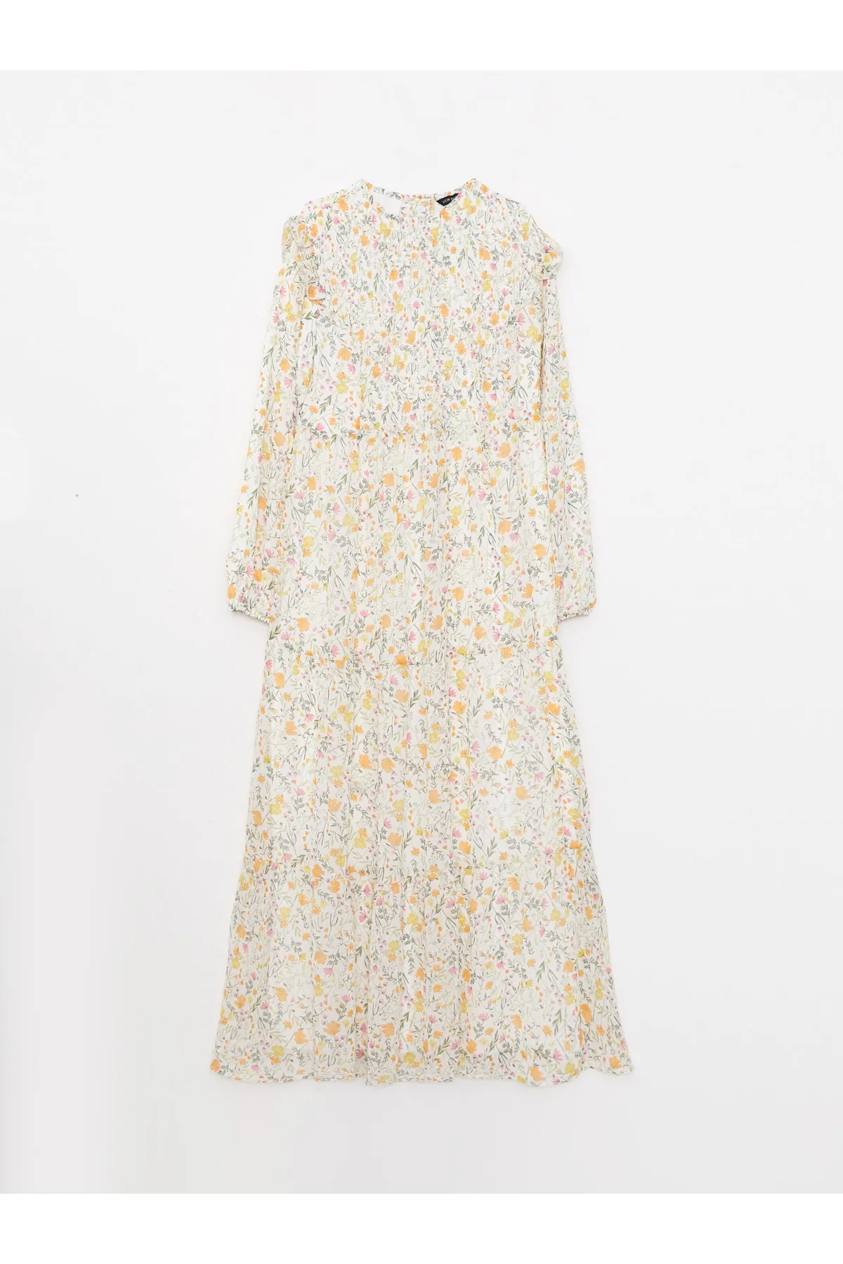 LC Waikiki  Geblümtes Chiffon-Damenkleid mit Rundhalsausschnitt und langen Ärmeln
