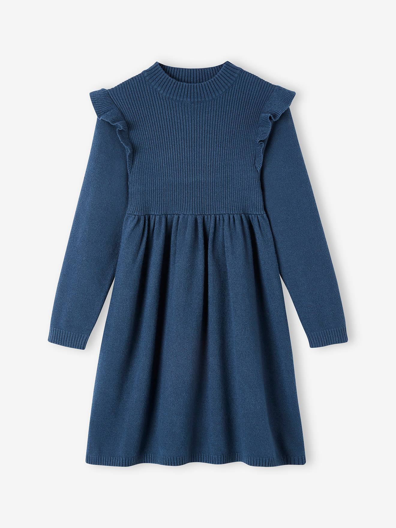Vertbaudet Mädchen Strickkleid mit Volants Oeko-Tex - nachtblau