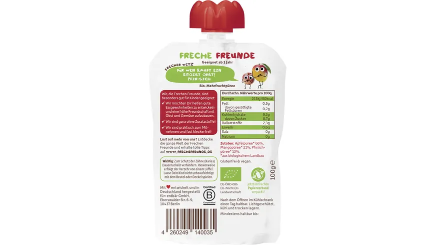 Freche Freunde Bio Quetschie 100% Apfel, Mango & Pfirsich 100 g