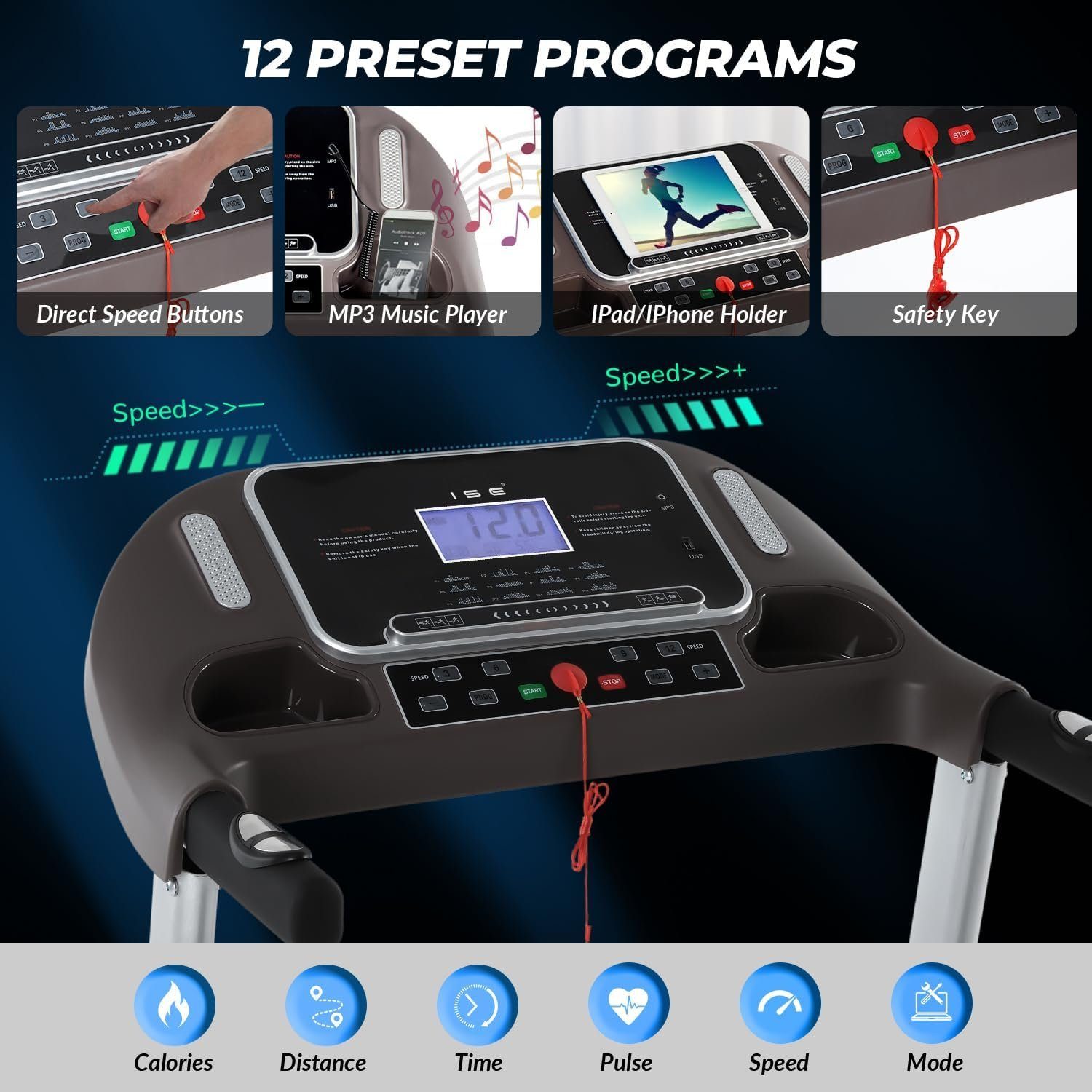 ISE Laufband (Laufband für Home, 12 verstellbar Programmen), Motor mit Automatische Steigung 3 Stuffe und LCD-Anzeige