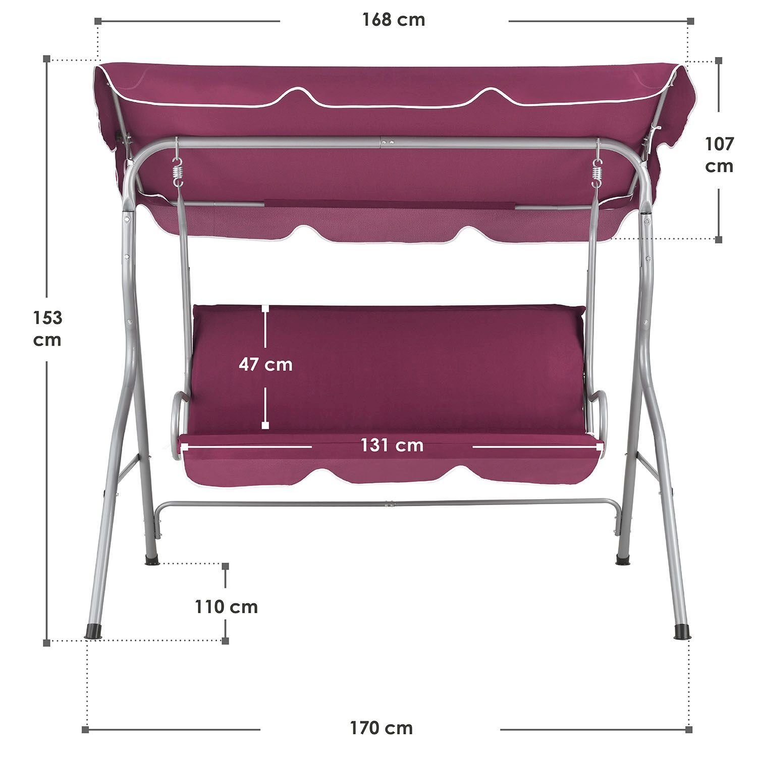 Juskys Hollywoodschaukel Cecina, 3-Sitzer, bis 200 kg, mit Dach und Sitzauflage, für Garten und Terrasse