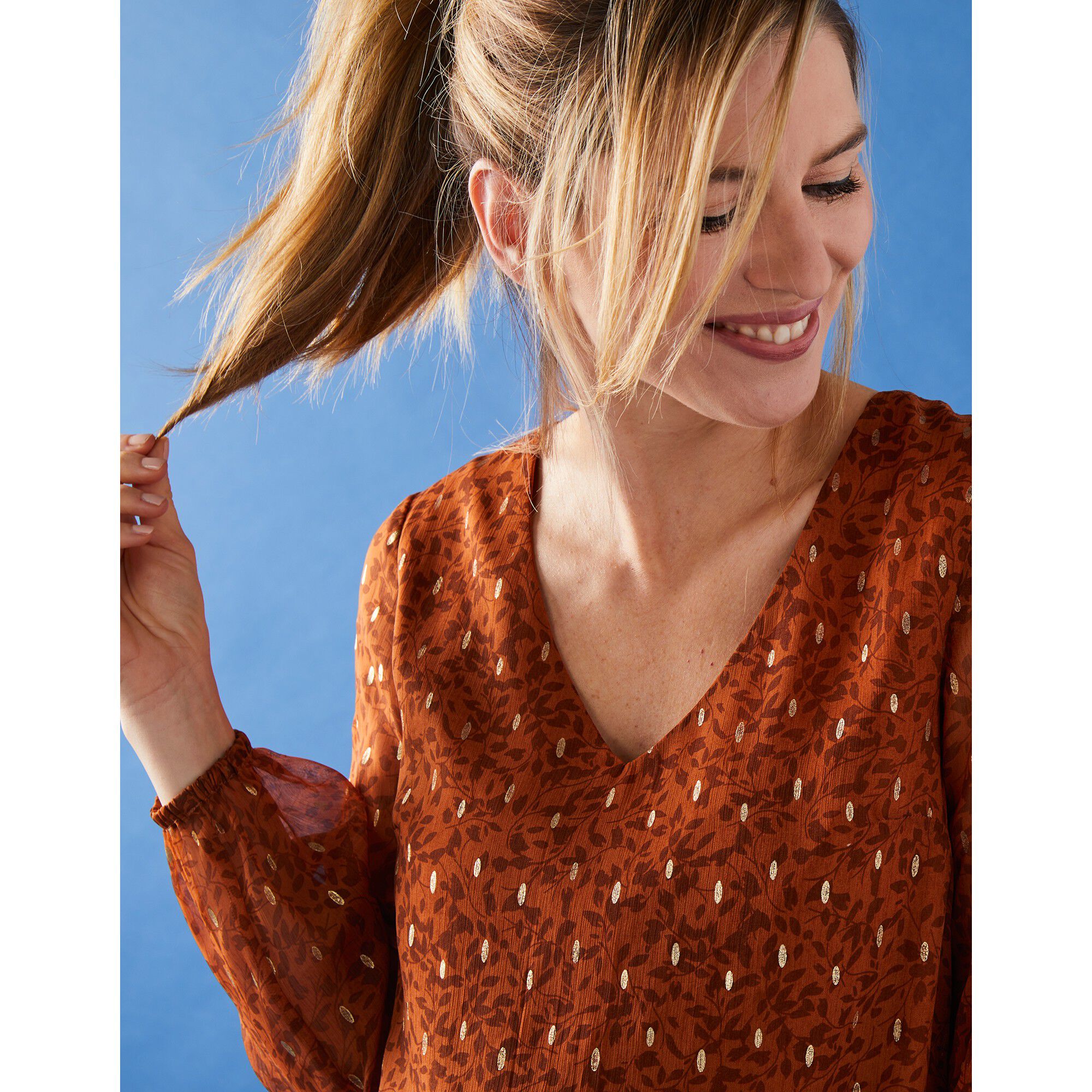 Robe évasée voile imprimé doré