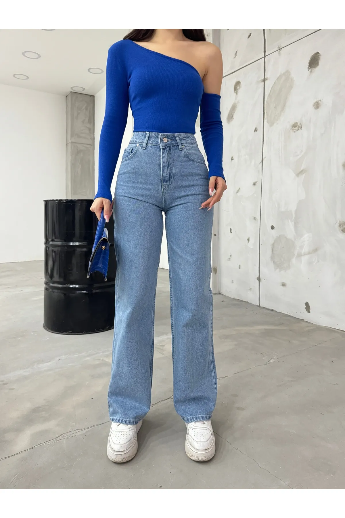 BİKELİFE  Blaue Jeans mit hoher Taille und weitem Bein aus Lycra-Stretch für Damen