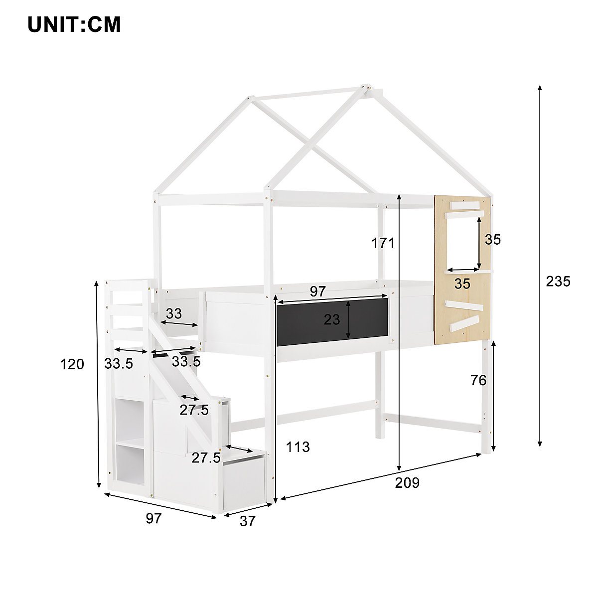 Hochbett 90x200cm mit Treppenschublden und Tafeln aus Massivholz, Kinderbett Spielbett